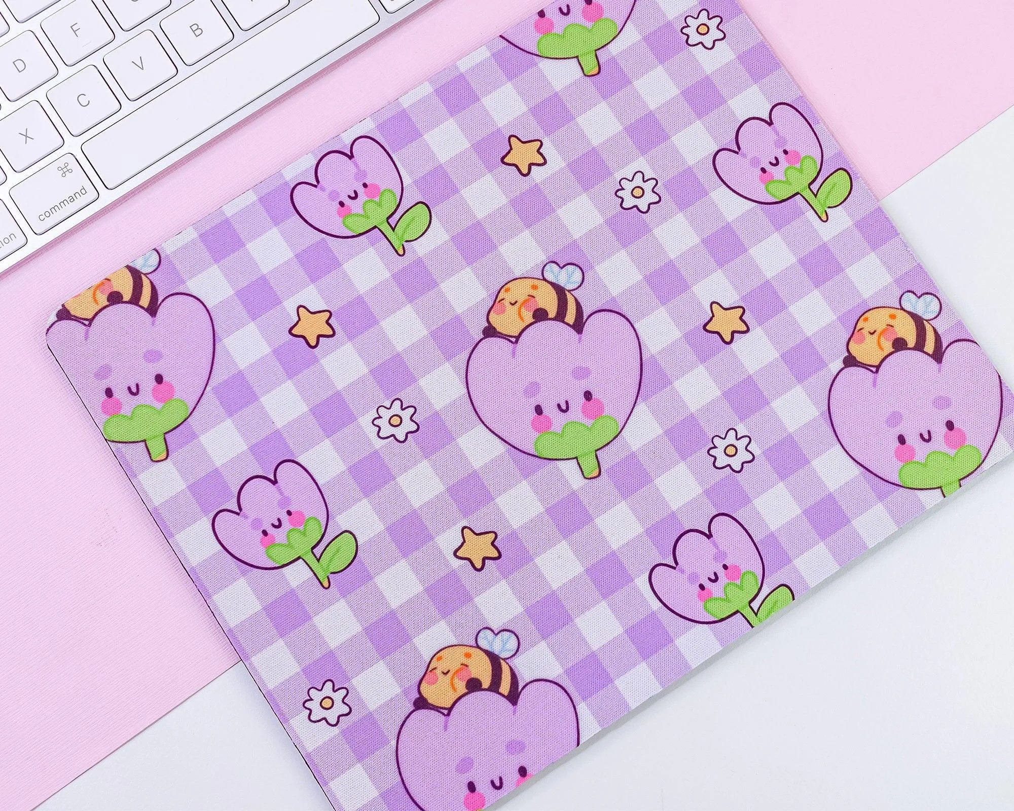 Purple Gingham Mouse Pad | Bumblebutt & Tulip Desk Mat | Kawaii Pastel Office Decor