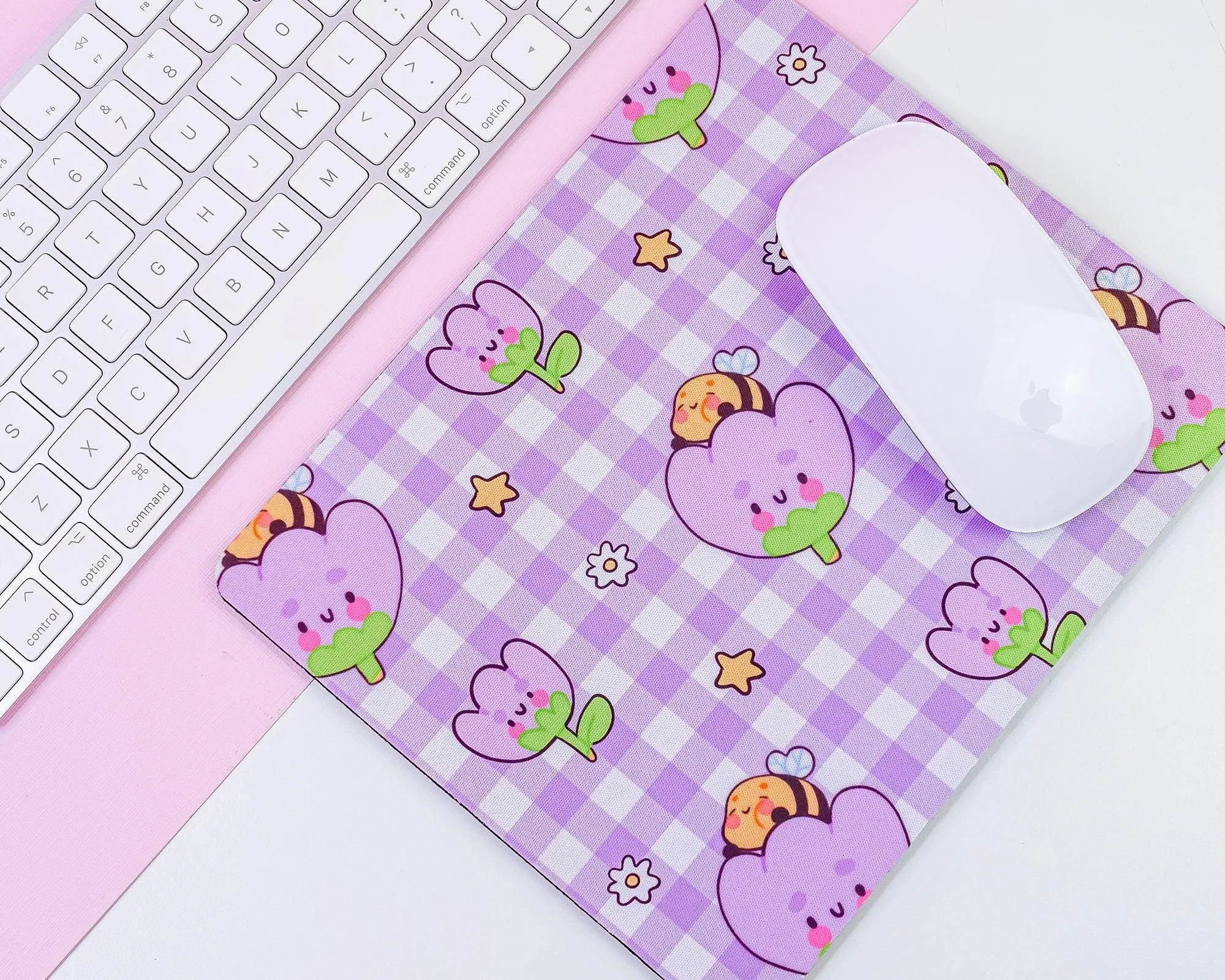 Purple Gingham Mouse Pad | Bumblebutt & Tulip Desk Mat | Kawaii Pastel Office Decor