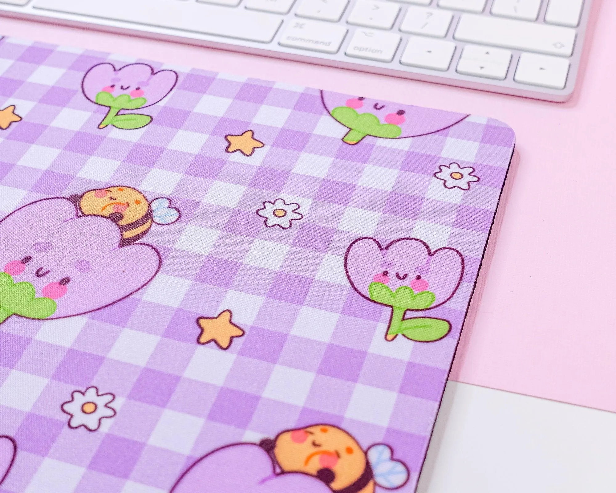 Purple Gingham Mouse Pad | Bumblebutt & Tulip Desk Mat | Kawaii Pastel Office Decor