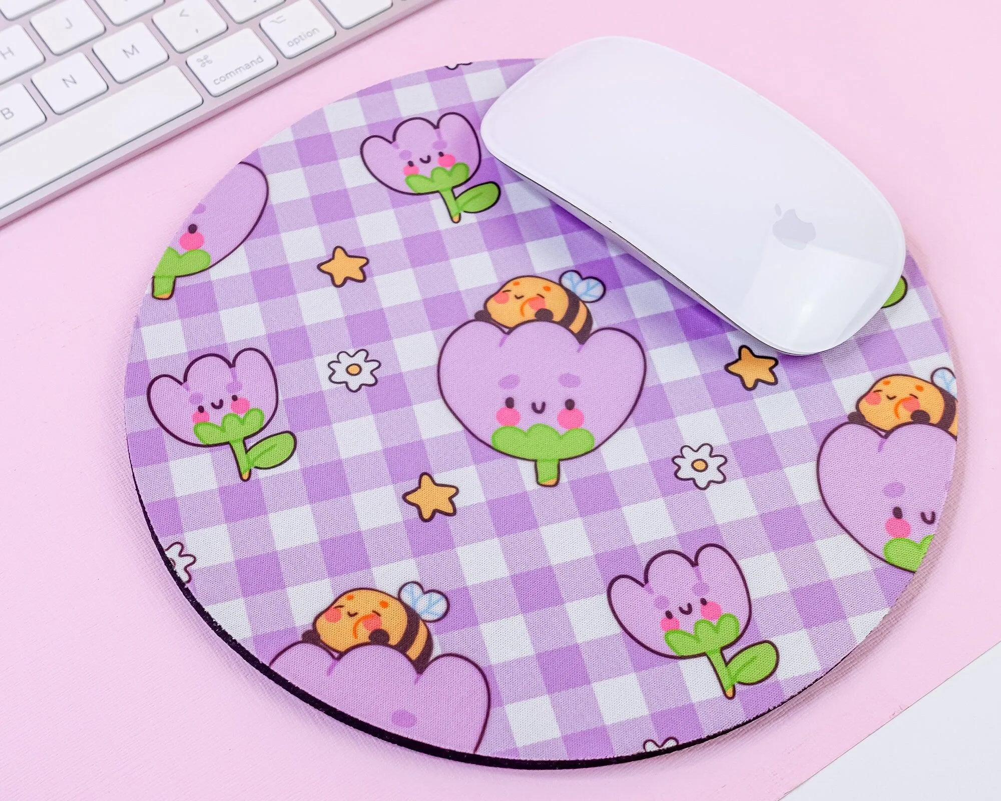 Purple Gingham Mouse Pad | Bumblebutt & Tulip Desk Mat | Kawaii Pastel Office Decor