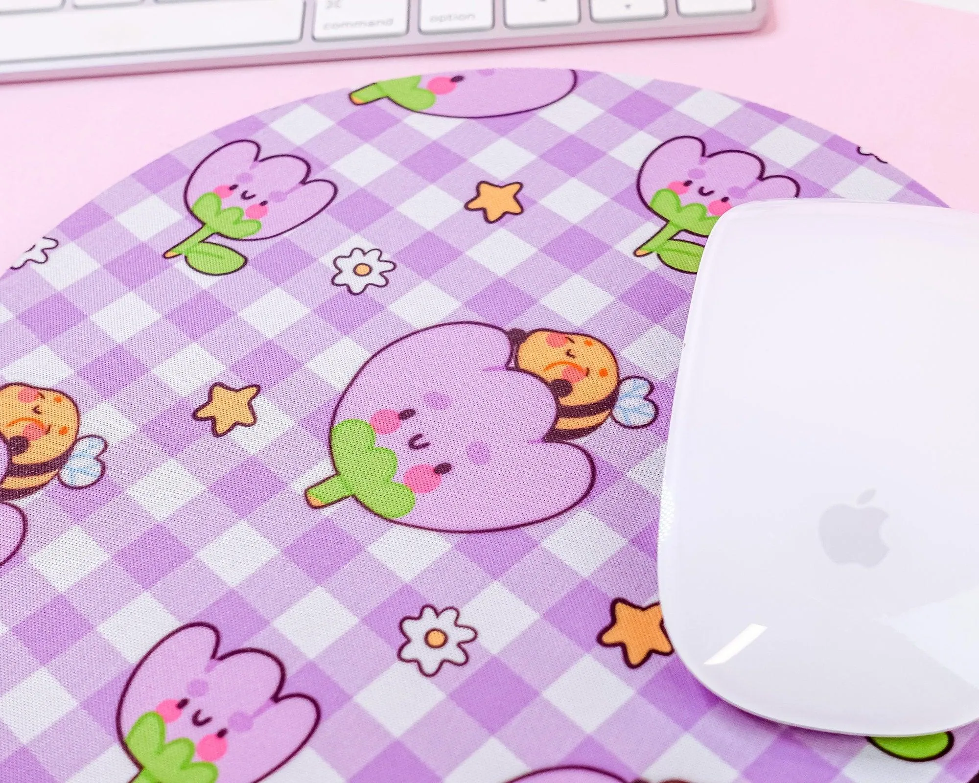 Purple Gingham Mouse Pad | Bumblebutt & Tulip Desk Mat | Kawaii Pastel Office Decor