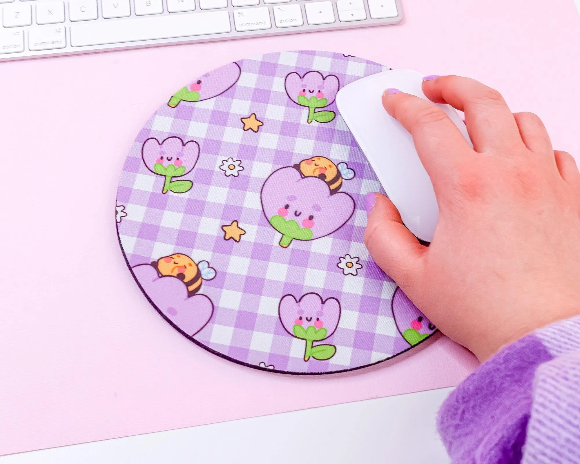 Purple Gingham Mouse Pad | Bumblebutt & Tulip Desk Mat | Kawaii Pastel Office Decor