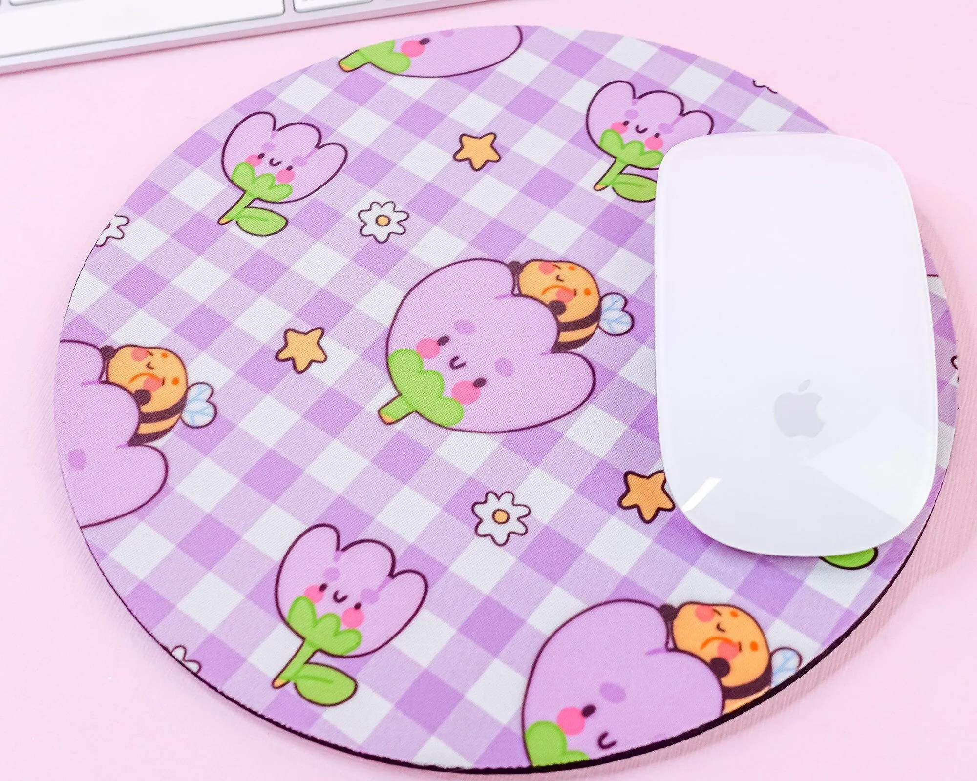 Purple Gingham Mouse Pad | Bumblebutt & Tulip Desk Mat | Kawaii Pastel Office Decor