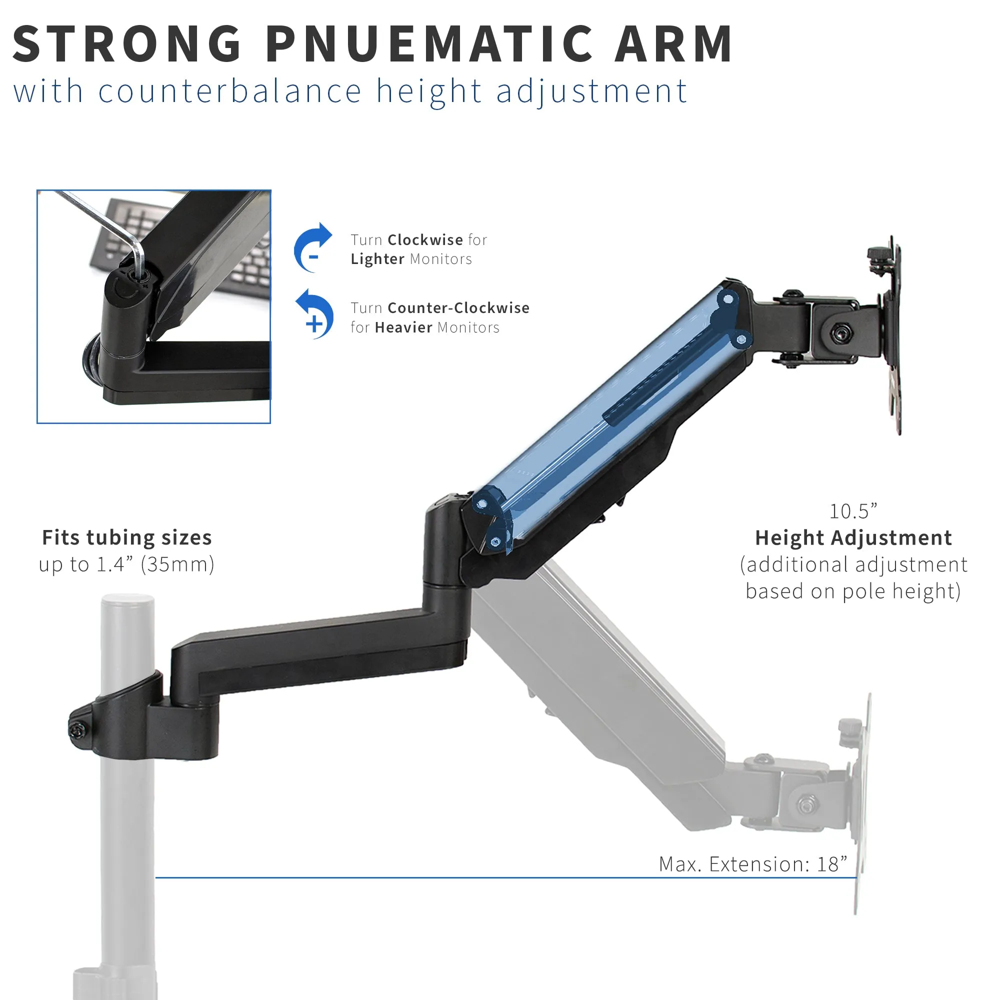 Single Pneumatic Monitor Arm for Desk Stand