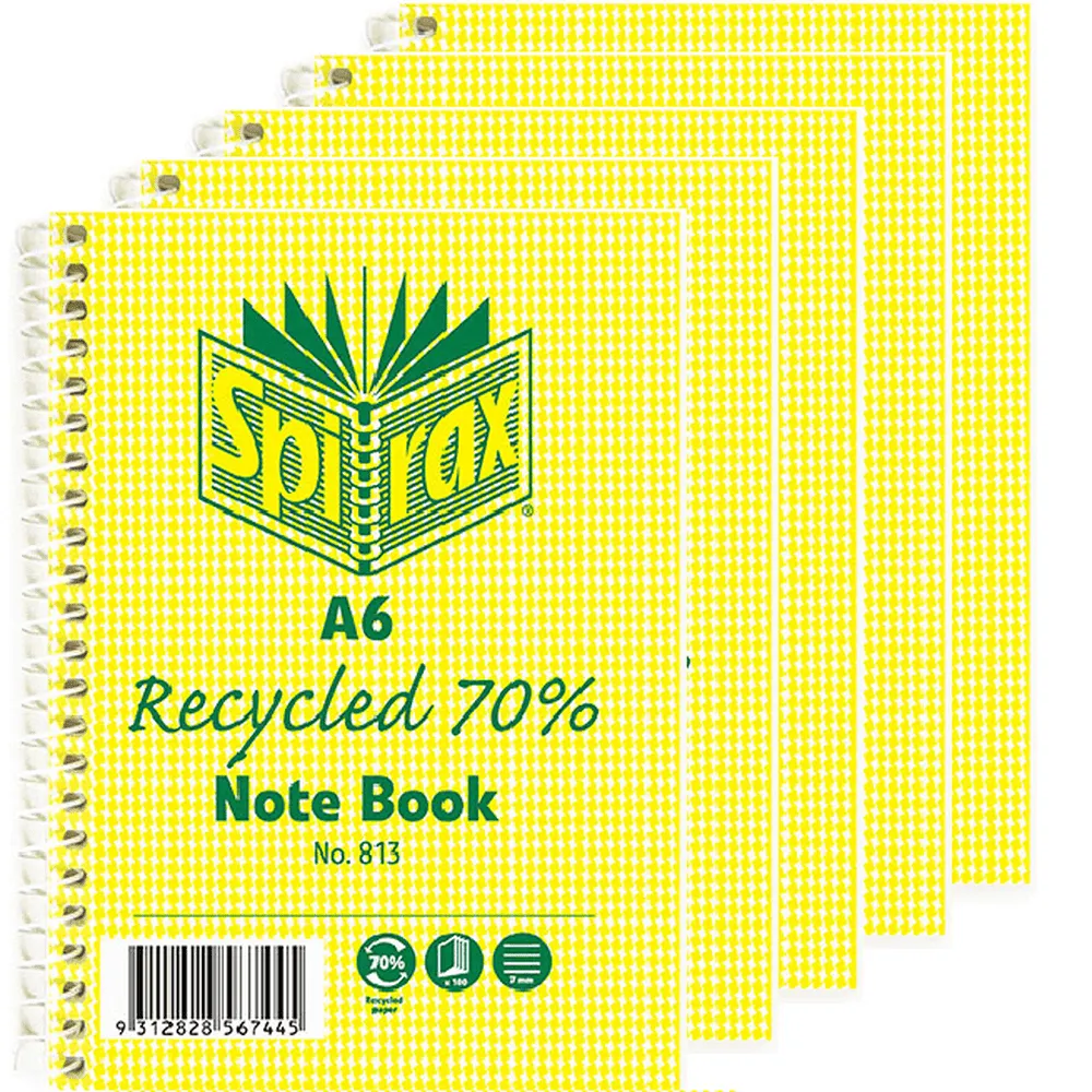 Spirax 813 Notebook 7Mm Ruled 70% Recycled Spiral Bound A6 100 Page Pack 5