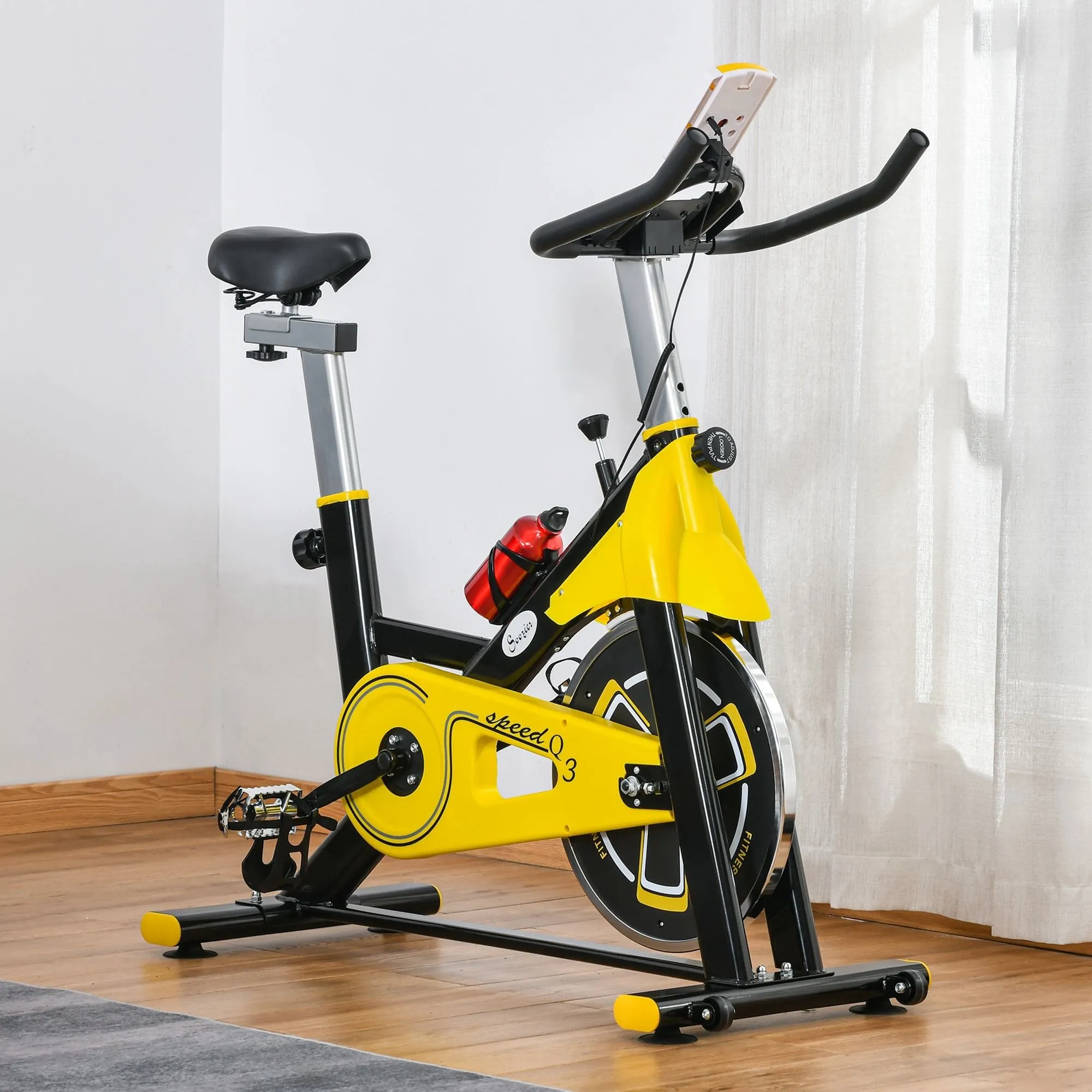 Stationary Spinning Exercise Bike 6kg Flywheel Indoor Gym Office Cycling Cardio Workout Fitness Bike Adjustable Resistance LCD Monitor Pad and Bottle Holder Yellow w/