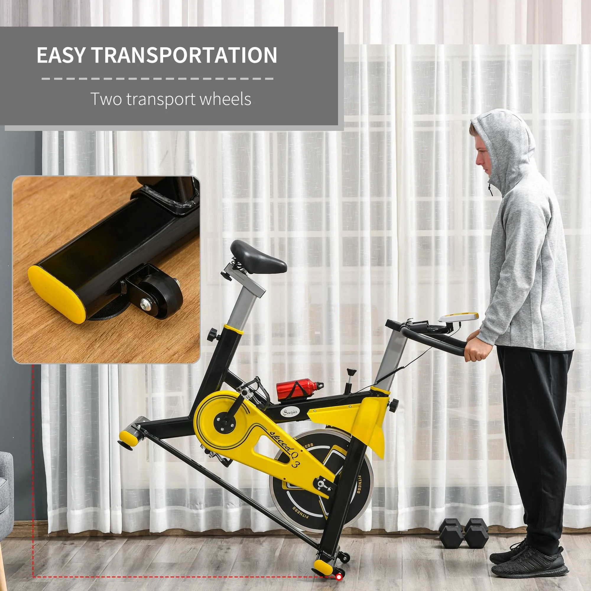 Stationary Spinning Exercise Bike 6kg Flywheel Indoor Gym Office Cycling Cardio Workout Fitness Bike Adjustable Resistance LCD Monitor Pad and Bottle Holder Yellow w/