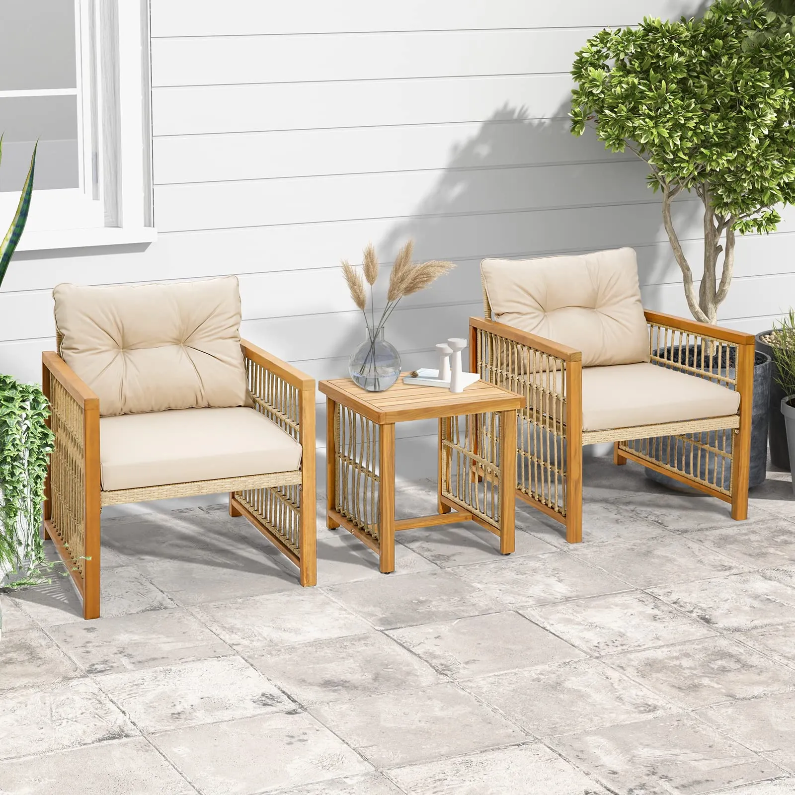 Tangkula 3 Pieces Acacia Wood Patio Furniture Set, PE Wicker Bistro Set with Cushioned Chairs and Coffee Table