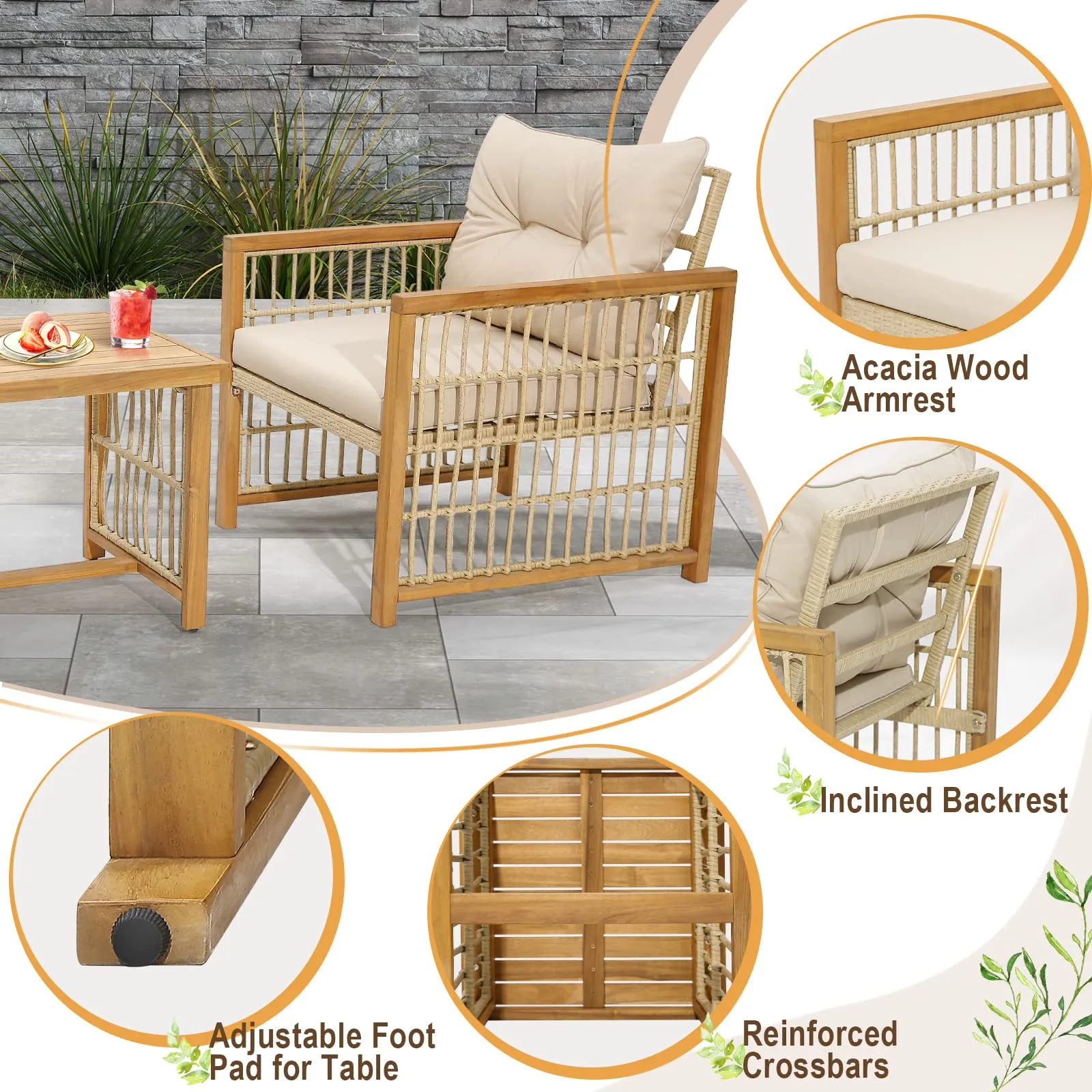 Tangkula 3 Pieces Acacia Wood Patio Furniture Set, PE Wicker Bistro Set with Cushioned Chairs and Coffee Table