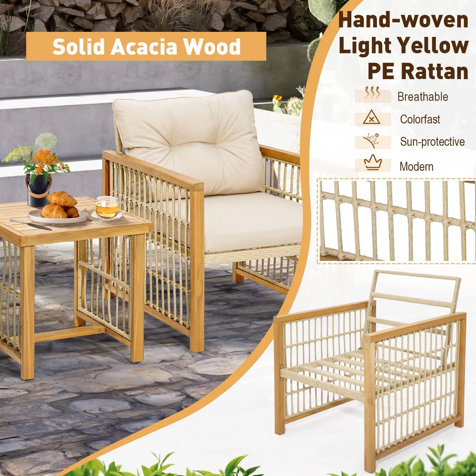 Tangkula 3 Pieces Acacia Wood Patio Furniture Set, PE Wicker Bistro Set with Cushioned Chairs and Coffee Table