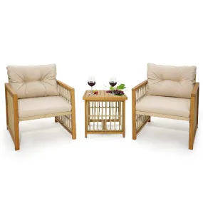 Tangkula 3 Pieces Acacia Wood Patio Furniture Set, PE Wicker Bistro Set with Cushioned Chairs and Coffee Table