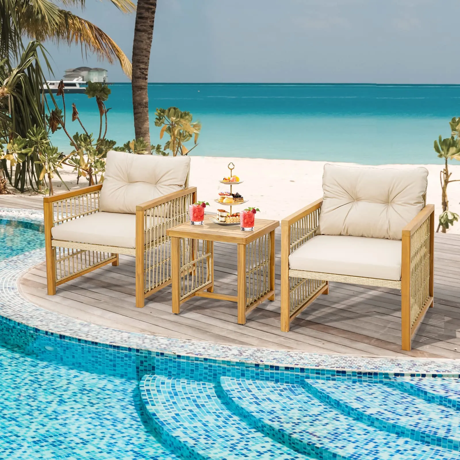 Tangkula 3 Pieces Acacia Wood Patio Furniture Set, PE Wicker Bistro Set with Cushioned Chairs and Coffee Table