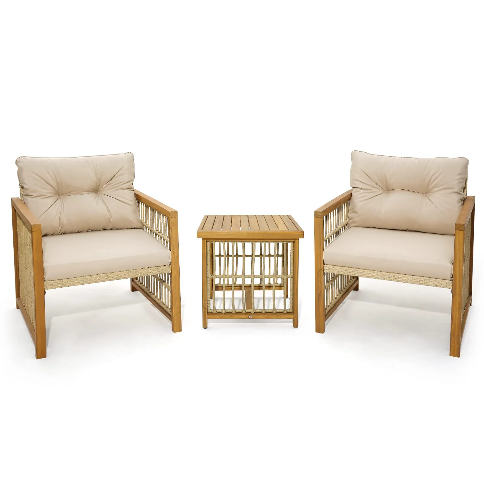 Tangkula 3 Pieces Acacia Wood Patio Furniture Set, PE Wicker Bistro Set with Cushioned Chairs and Coffee Table