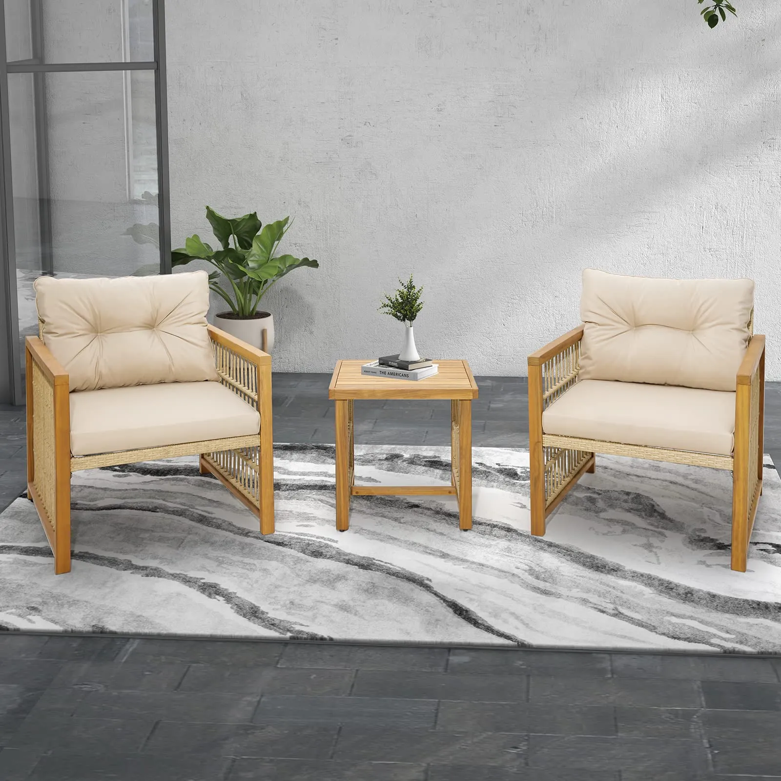 Tangkula 3 Pieces Acacia Wood Patio Furniture Set, PE Wicker Bistro Set with Cushioned Chairs and Coffee Table
