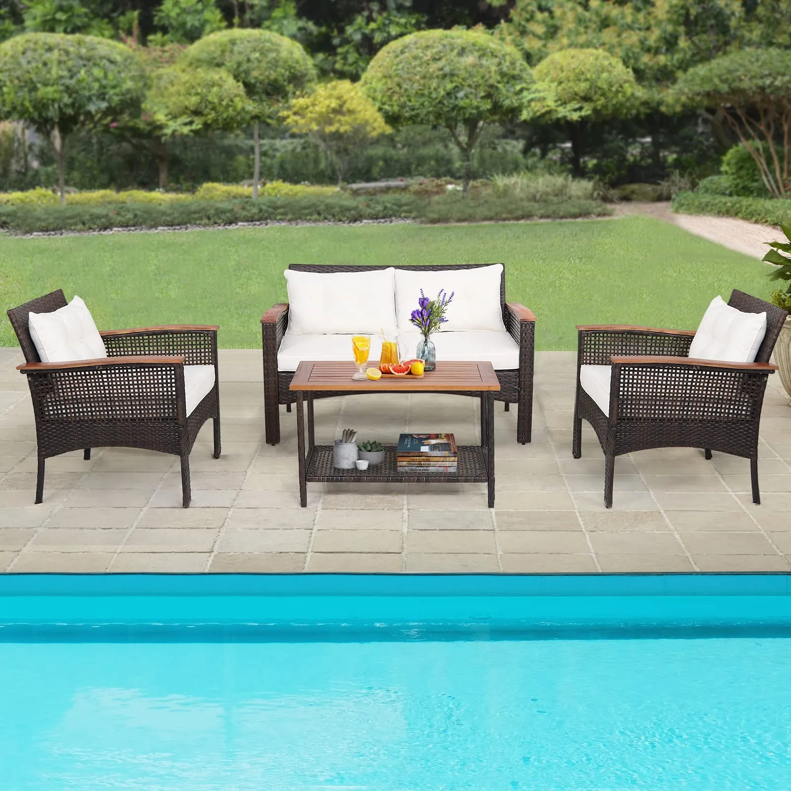 Tangkula 4-Piece Patio Furniture Set, Patiojoy Acacia Wood Outdoor PE Wicker Conversation Set with Cushions (Off White)
