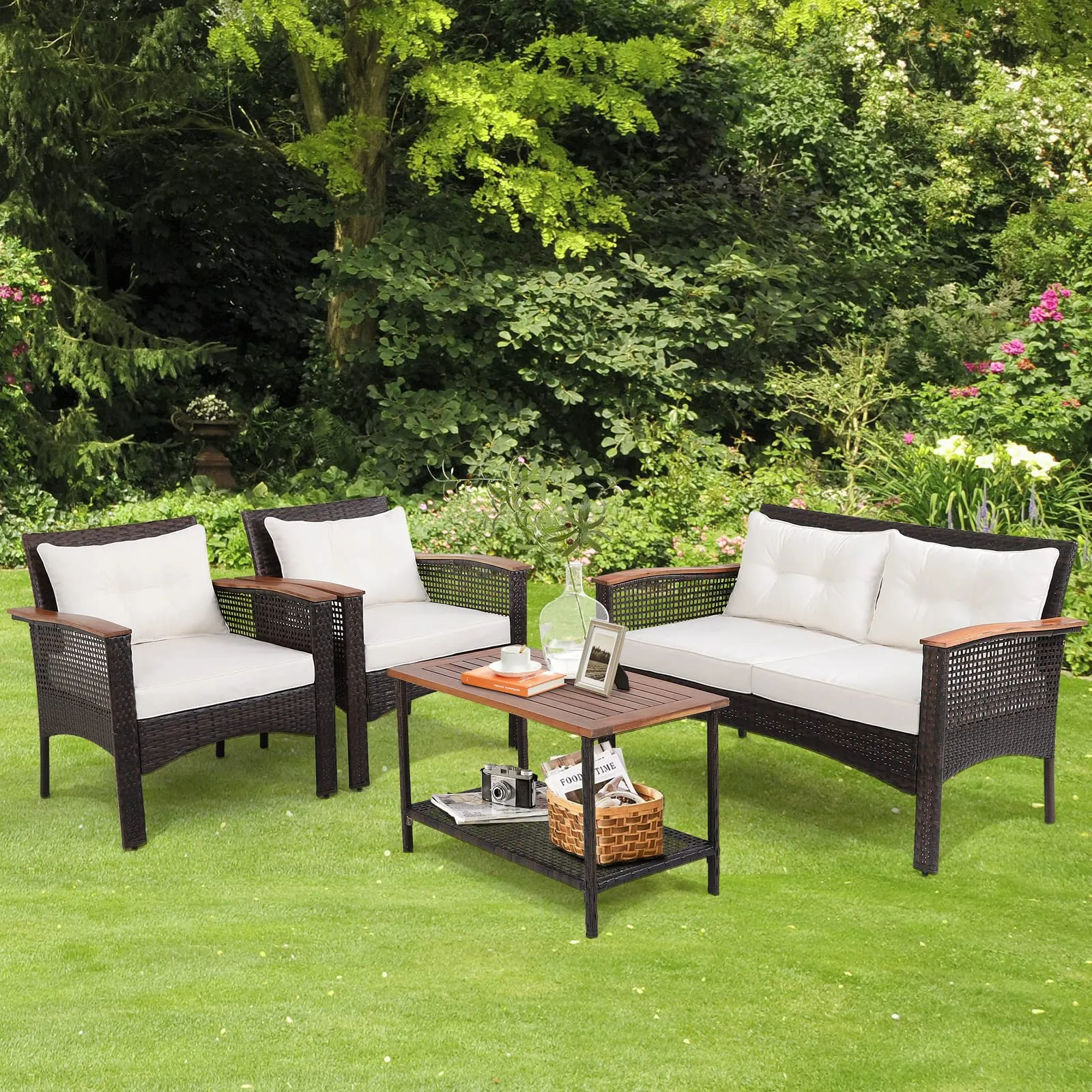 Tangkula 4-Piece Patio Furniture Set, Patiojoy Acacia Wood Outdoor PE Wicker Conversation Set with Cushions (Off White)
