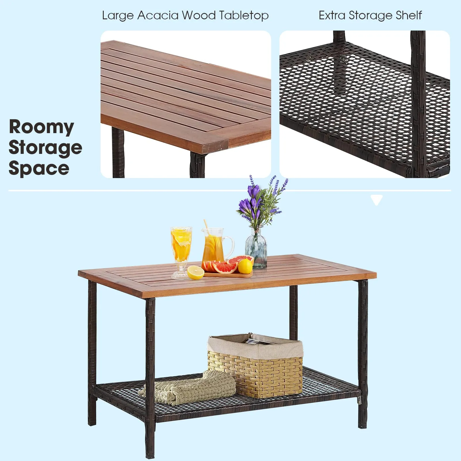 Tangkula 4-Piece Patio Furniture Set, Patiojoy Acacia Wood Outdoor PE Wicker Conversation Set with Cushions (Off White)
