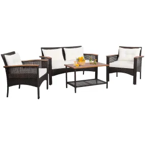 Tangkula 4-Piece Patio Furniture Set, Patiojoy Acacia Wood Outdoor PE Wicker Conversation Set with Cushions (Off White)