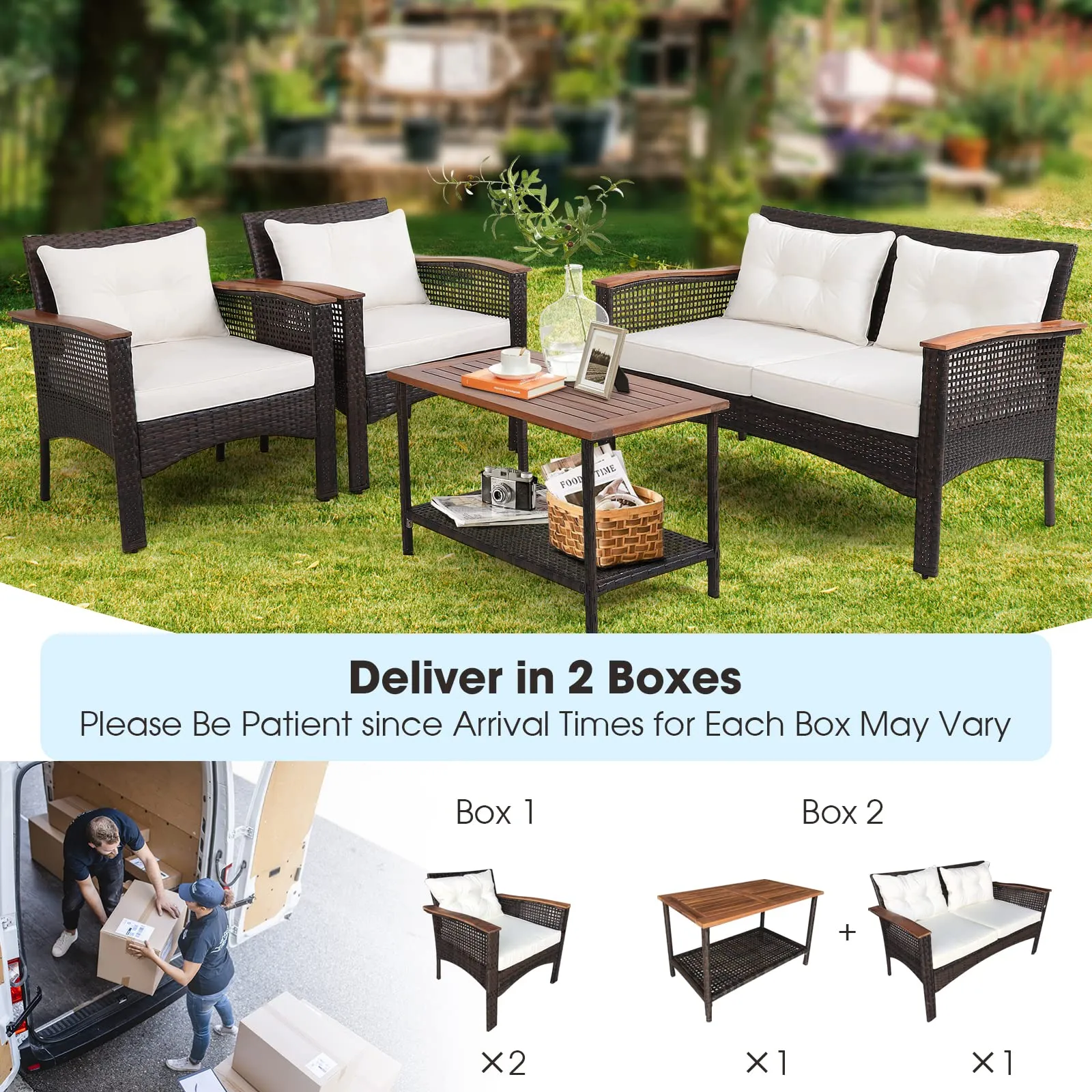 Tangkula 4-Piece Patio Furniture Set, Patiojoy Acacia Wood Outdoor PE Wicker Conversation Set with Cushions (Off White)