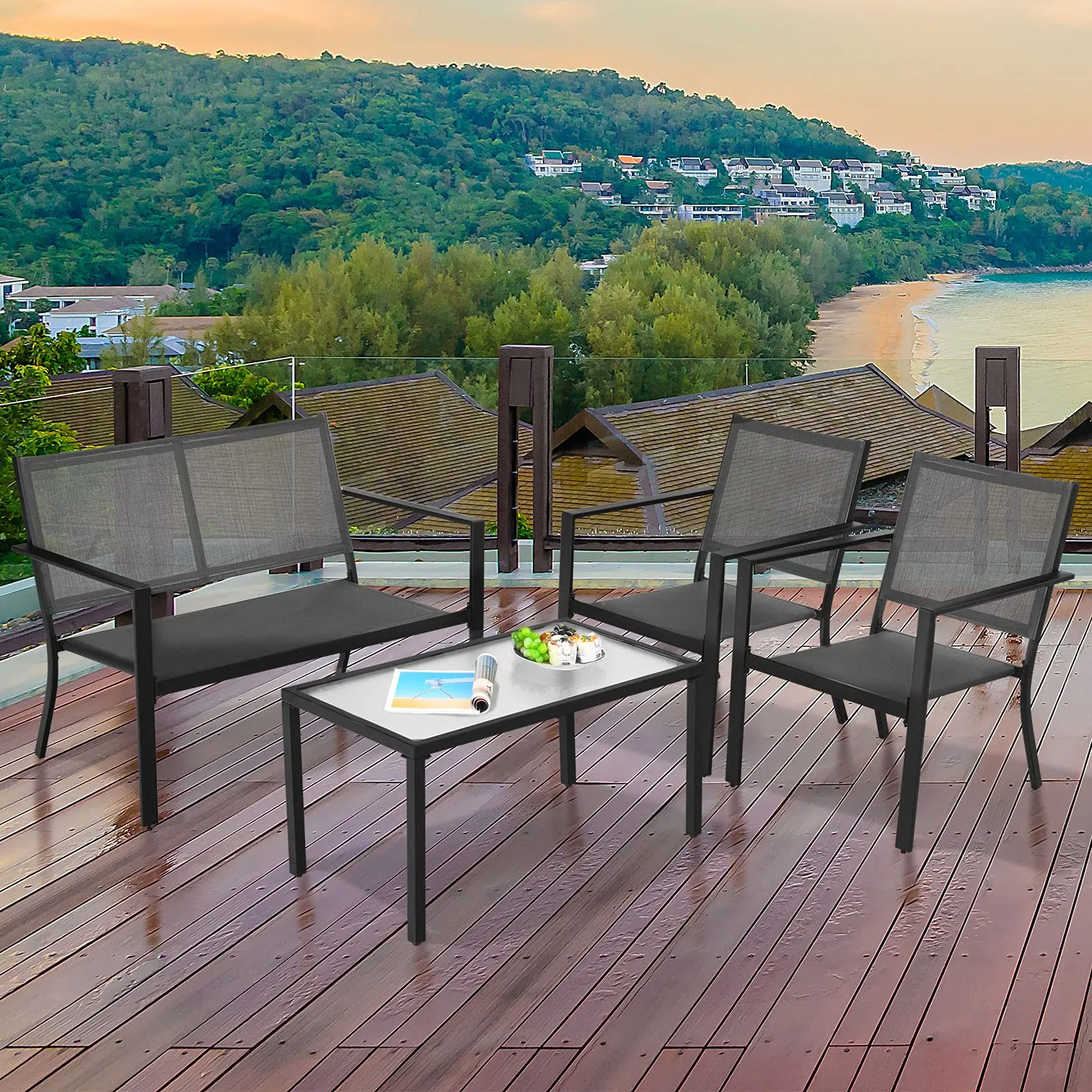 Tangkula 4 Pieces Patio Furniture Set, Outdoor Sectional Conversation Set