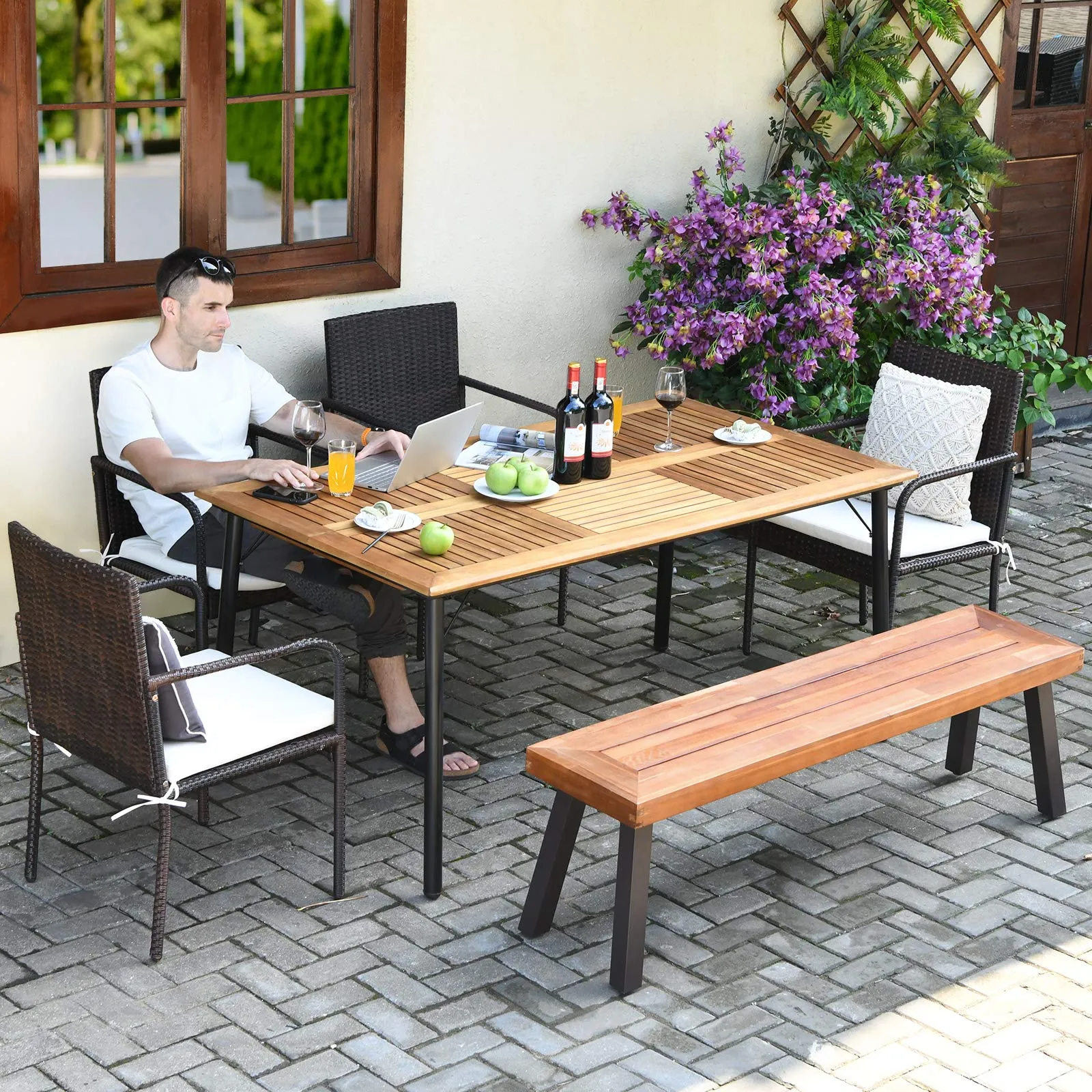 Tangkula 6 Pieces Patio Dining Set, Outdoor Acacia Wood and Wicker Furniture Set w/2.16" Hole