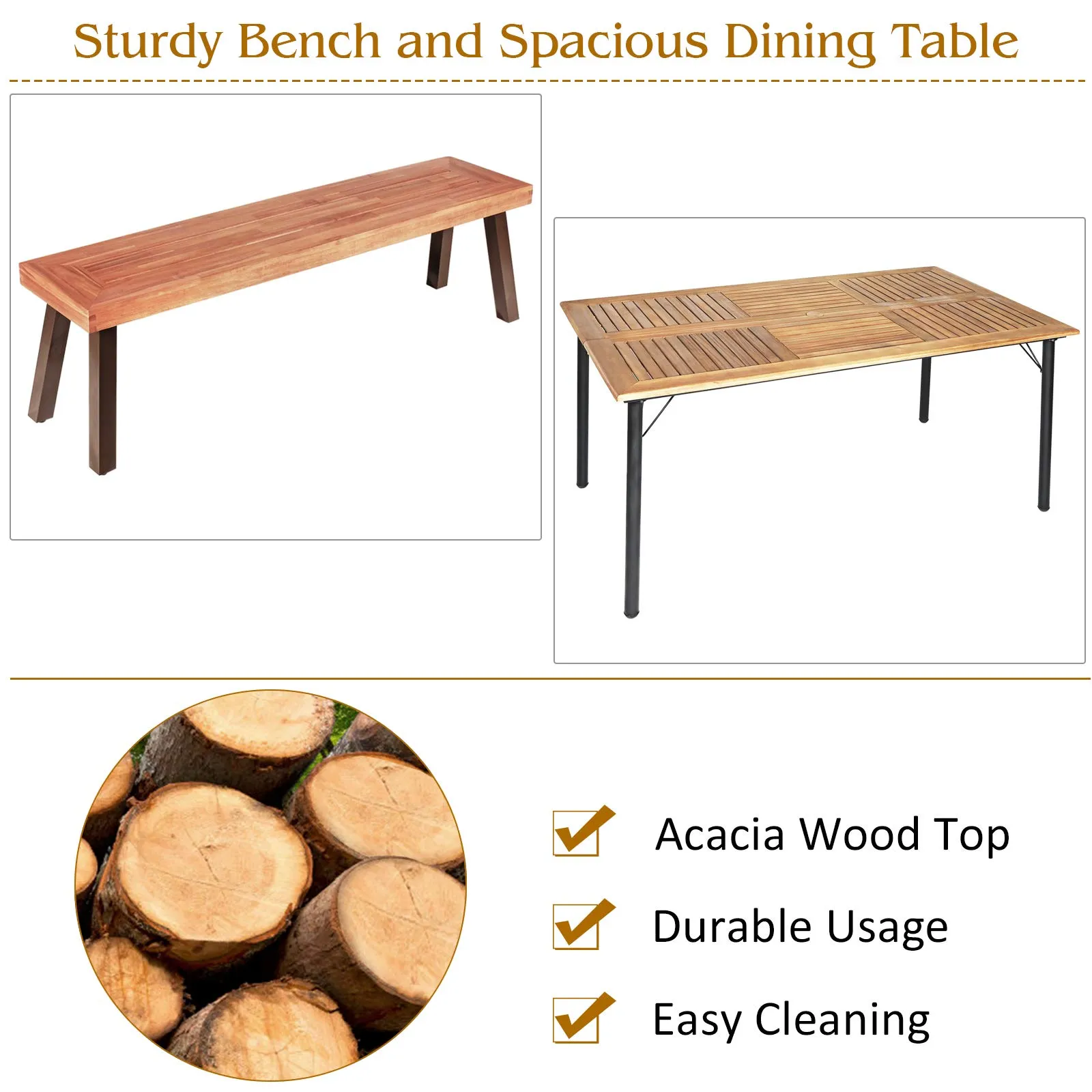 Tangkula 6 Pieces Patio Dining Set, Outdoor Acacia Wood and Wicker Furniture Set w/2.16" Hole