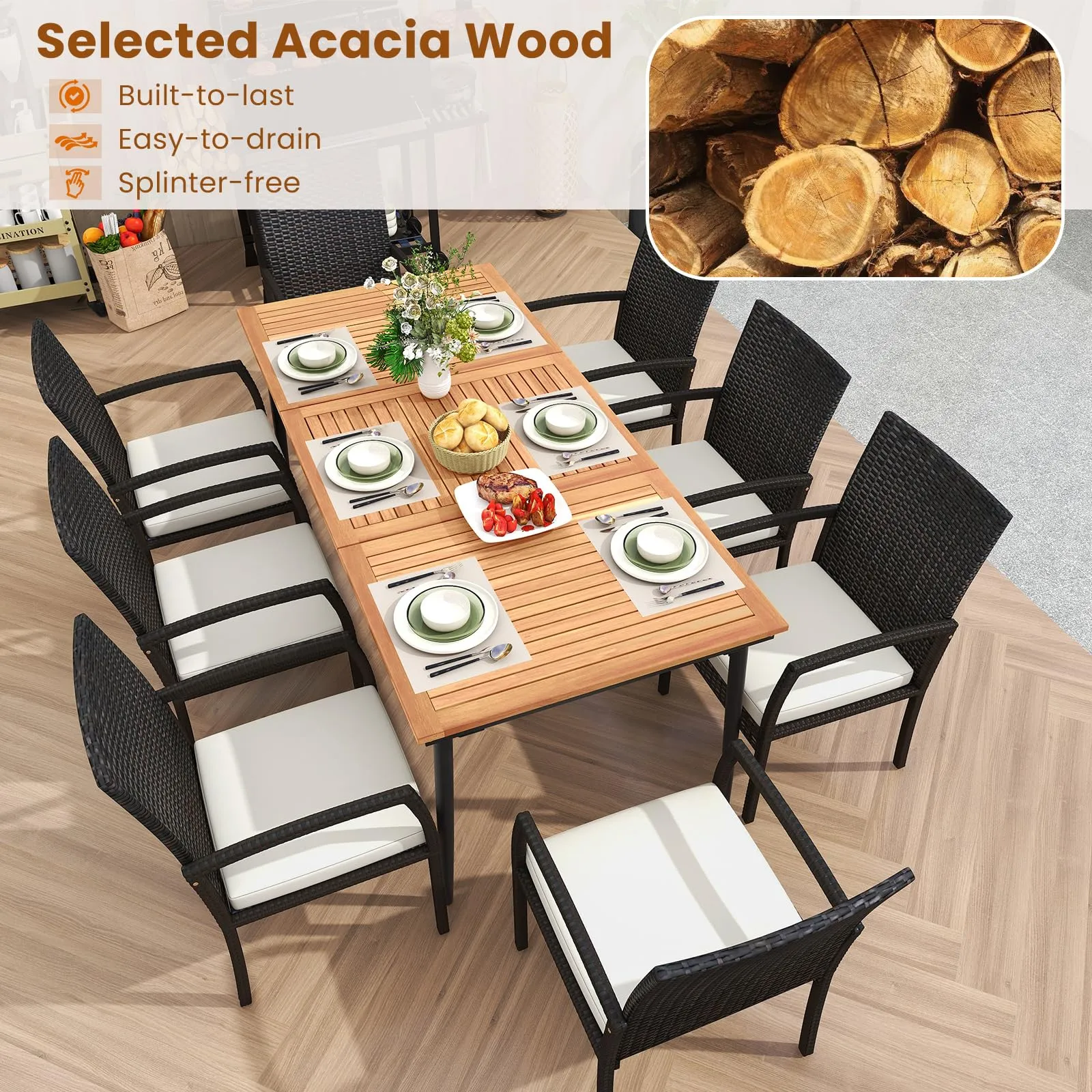 Tangkula 9-Piece Patio Dining Set, 79" Outdoor Acacia Wood Dining Table with 1.9" Umbrella Hole & 8 Rattan-Woven Dining Chairs with Seat Cushions