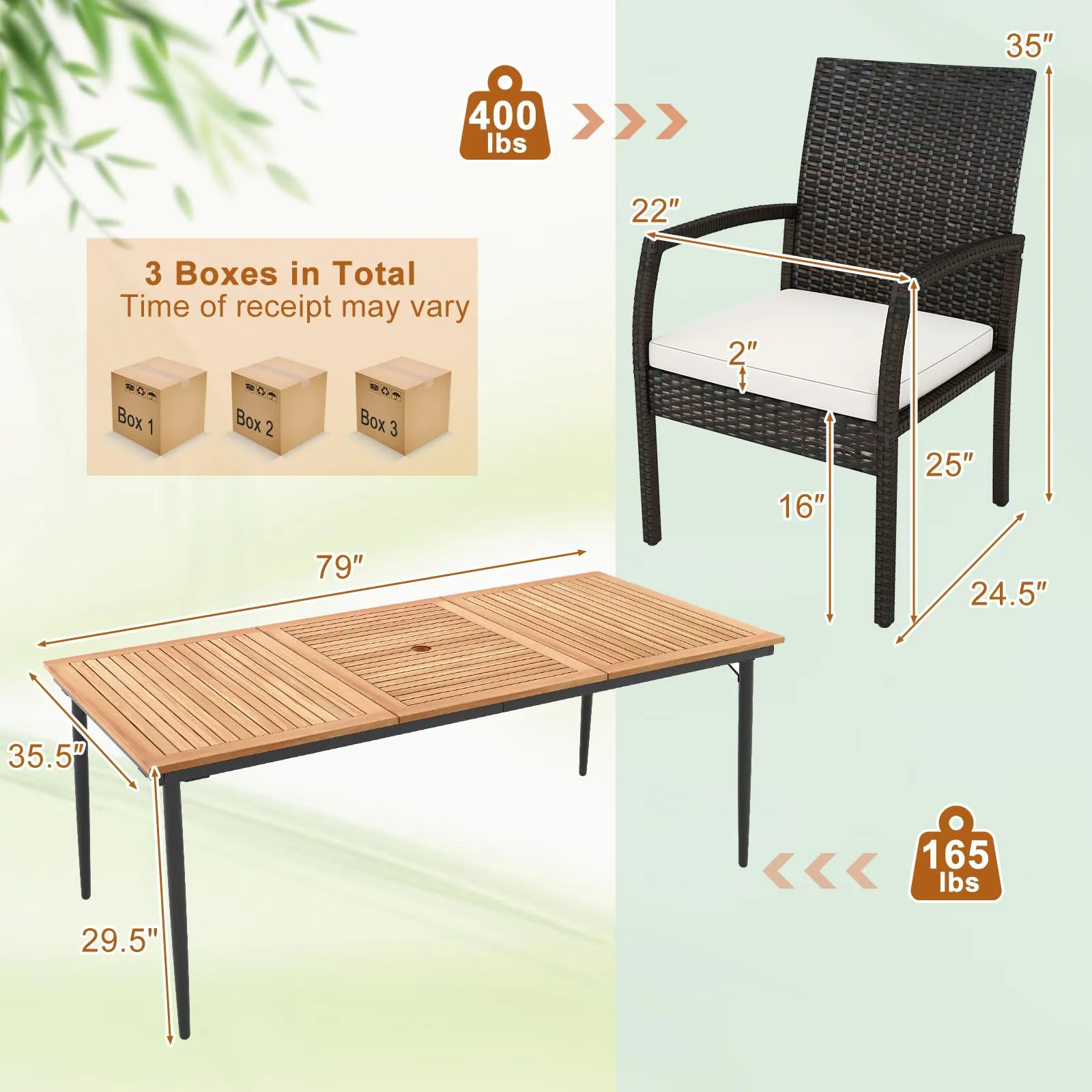 Tangkula 9-Piece Patio Dining Set, 79" Outdoor Acacia Wood Dining Table with 1.9" Umbrella Hole & 8 Rattan-Woven Dining Chairs with Seat Cushions