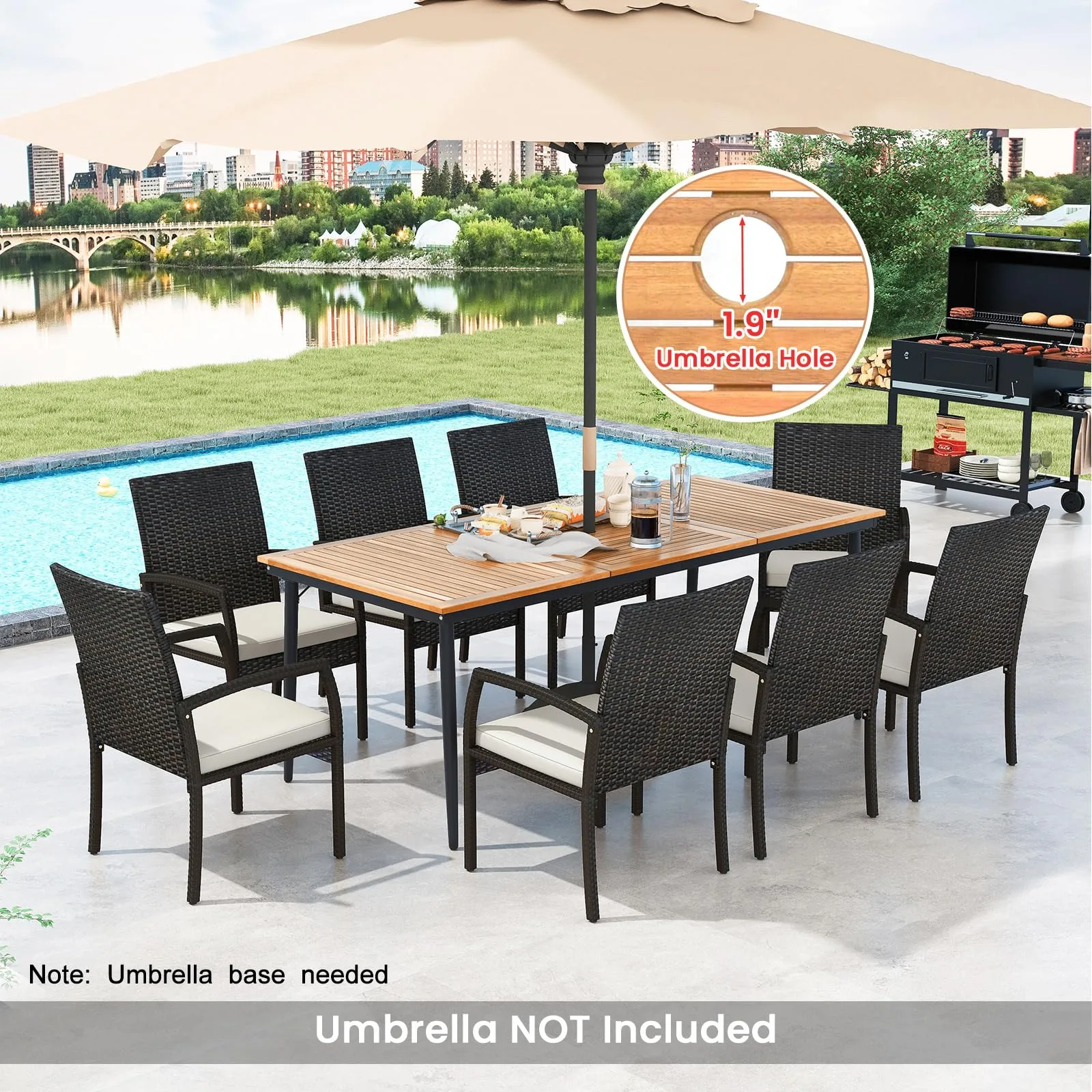 Tangkula 9-Piece Patio Dining Set, 79" Outdoor Acacia Wood Dining Table with 1.9" Umbrella Hole & 8 Rattan-Woven Dining Chairs with Seat Cushions