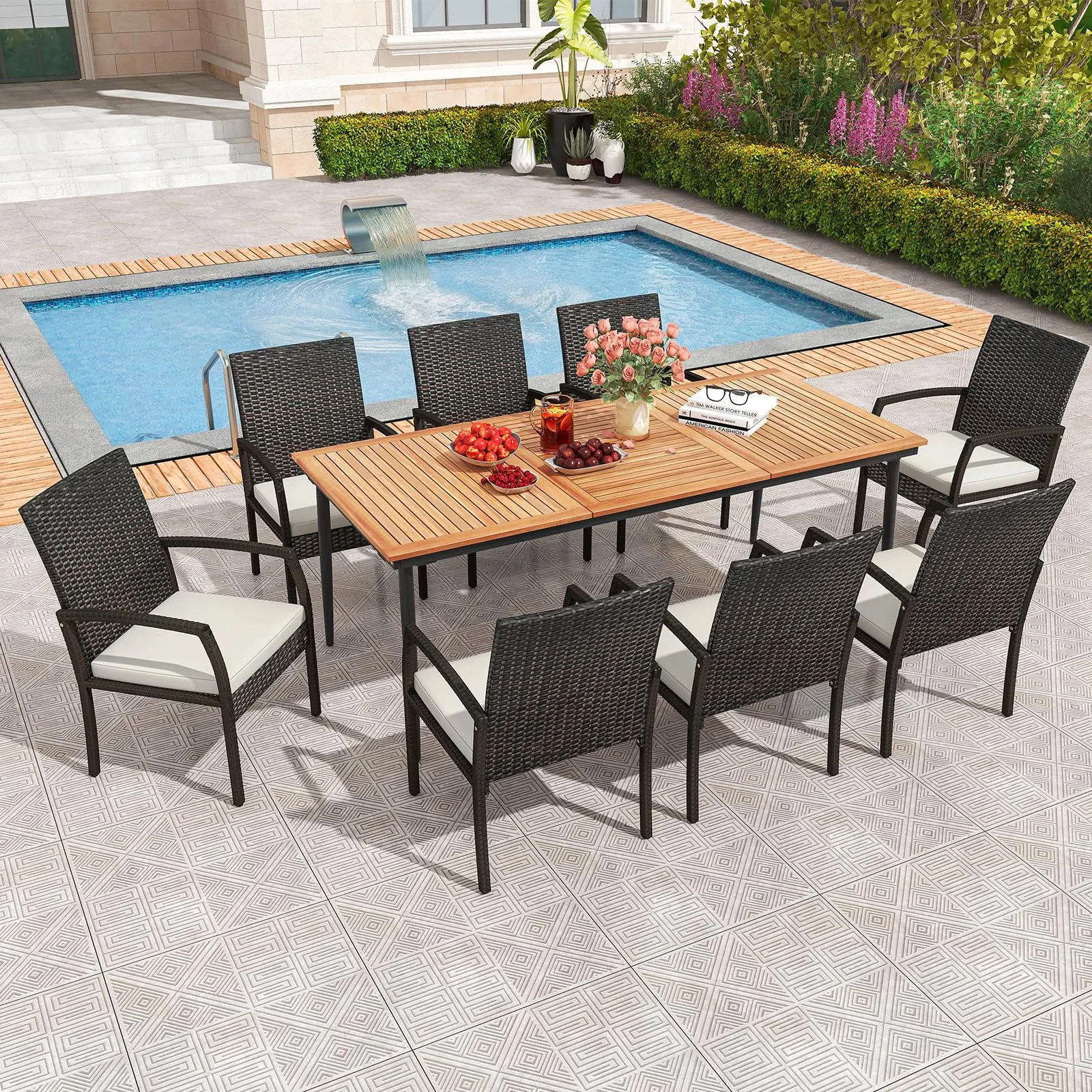 Tangkula 9-Piece Patio Dining Set, 79" Outdoor Acacia Wood Dining Table with 1.9" Umbrella Hole & 8 Rattan-Woven Dining Chairs with Seat Cushions
