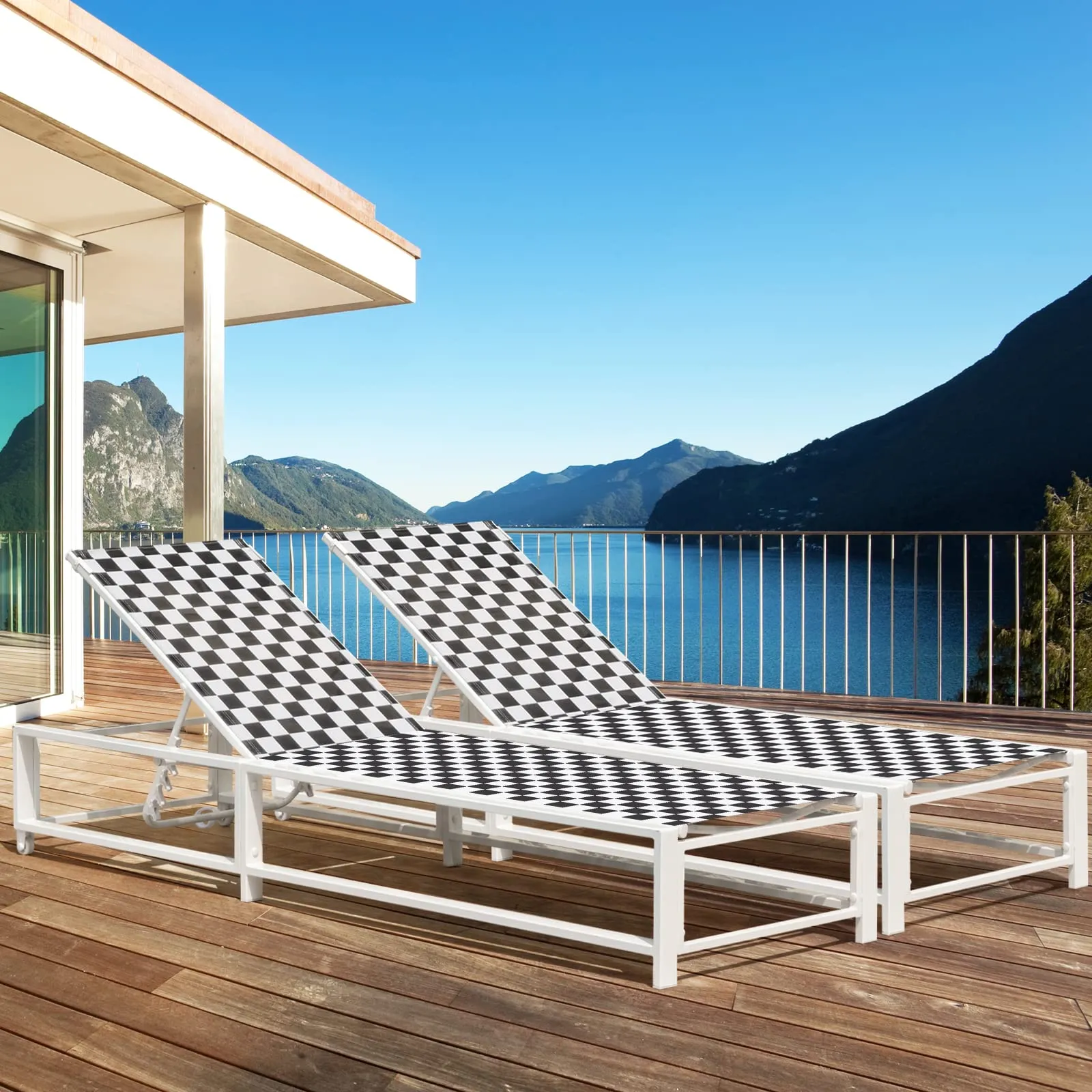 Tangkula Adjustable Patio Lounge Chair with Wheels, Outdoor Chaise Lounge with Breathable Fabric and Sturdy Metal Frame