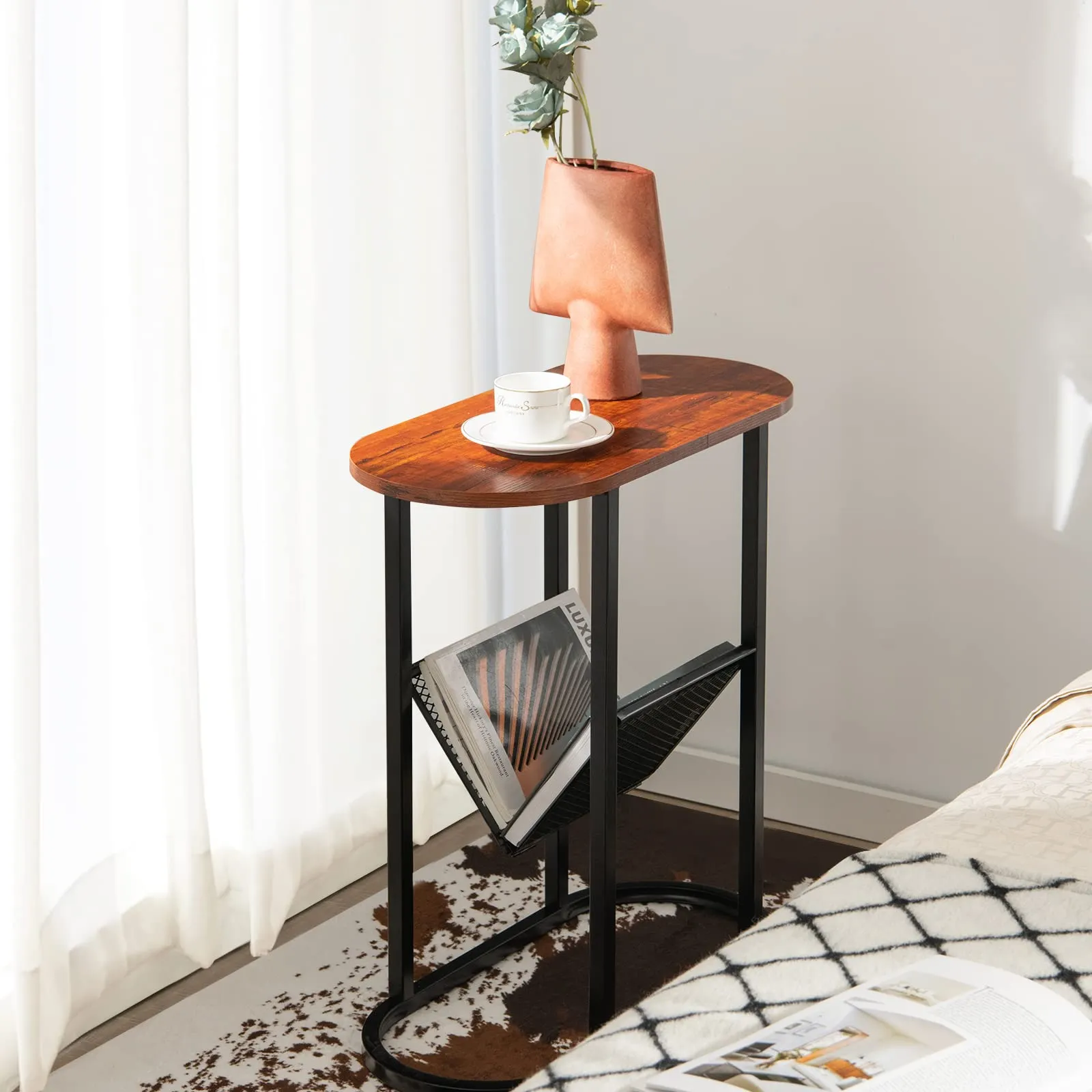 Tangkula Industrial Oval Side Table, 2-Tier End Table
