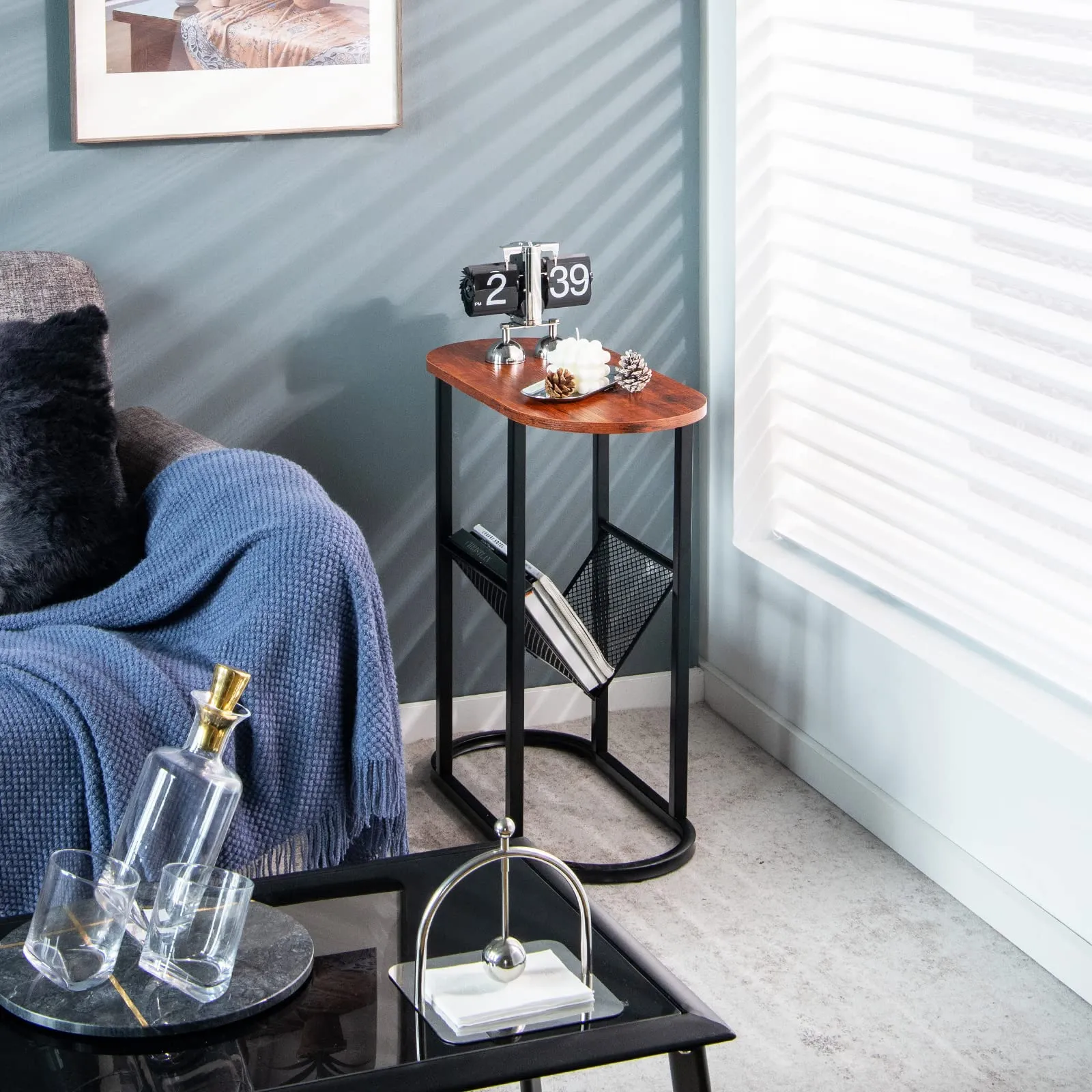 Tangkula Industrial Oval Side Table, 2-Tier End Table