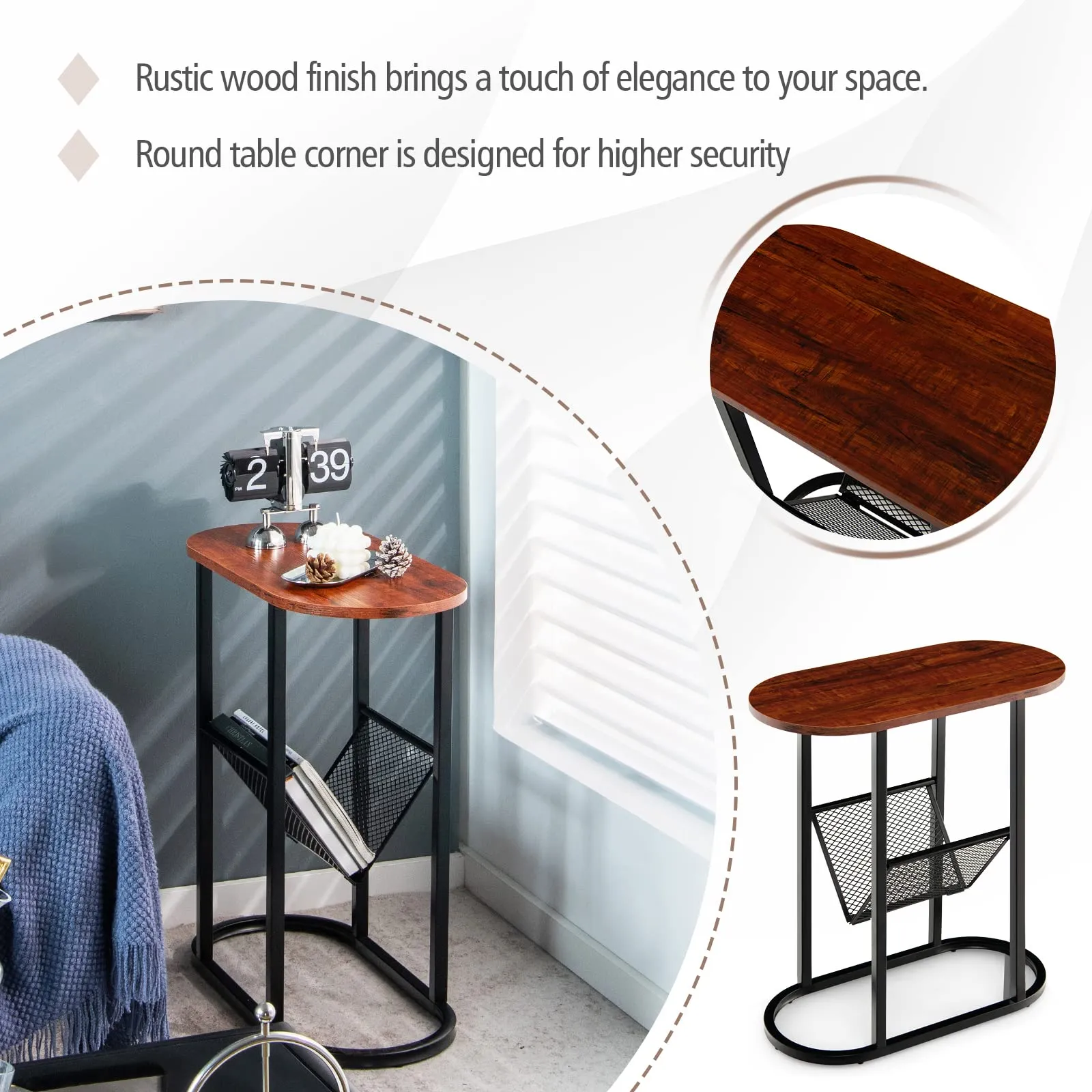 Tangkula Industrial Oval Side Table, 2-Tier End Table