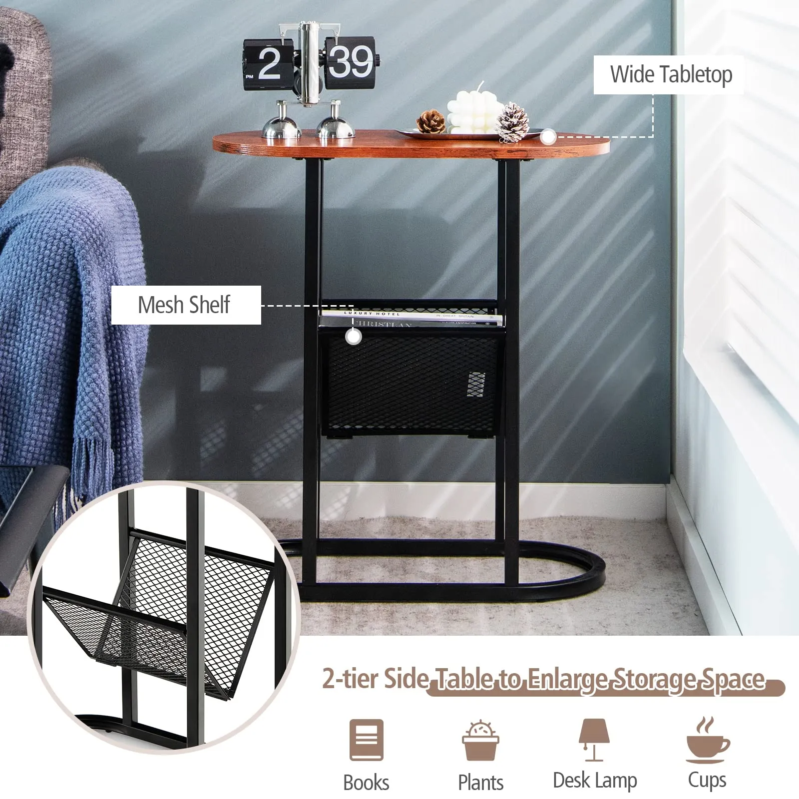 Tangkula Industrial Oval Side Table, 2-Tier End Table