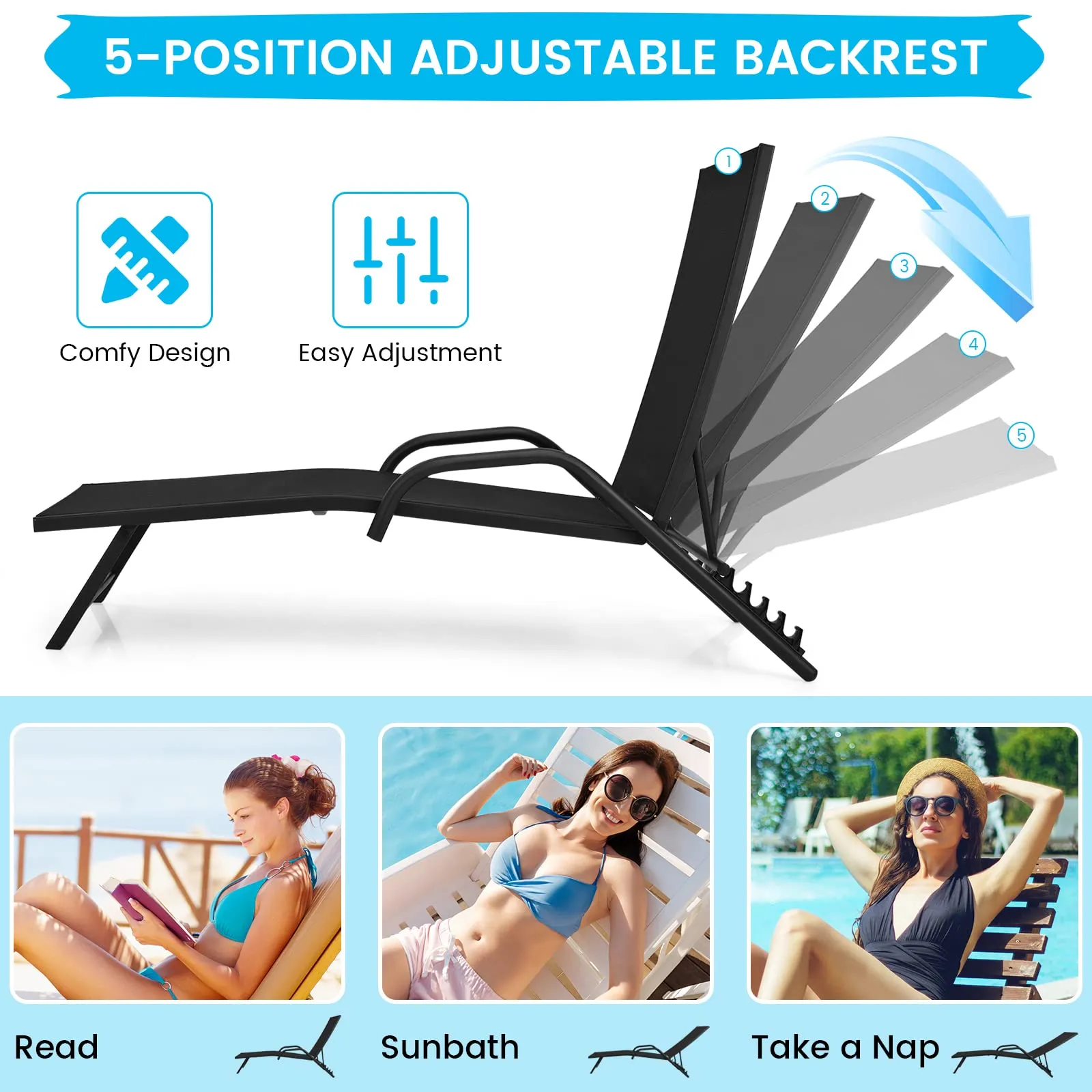 Tangkula Outdoor Patio Chaise Lounge Chairs, Reclining Lounge Chairs with 5-Position Adjustable Backrest & Breathable Fabric