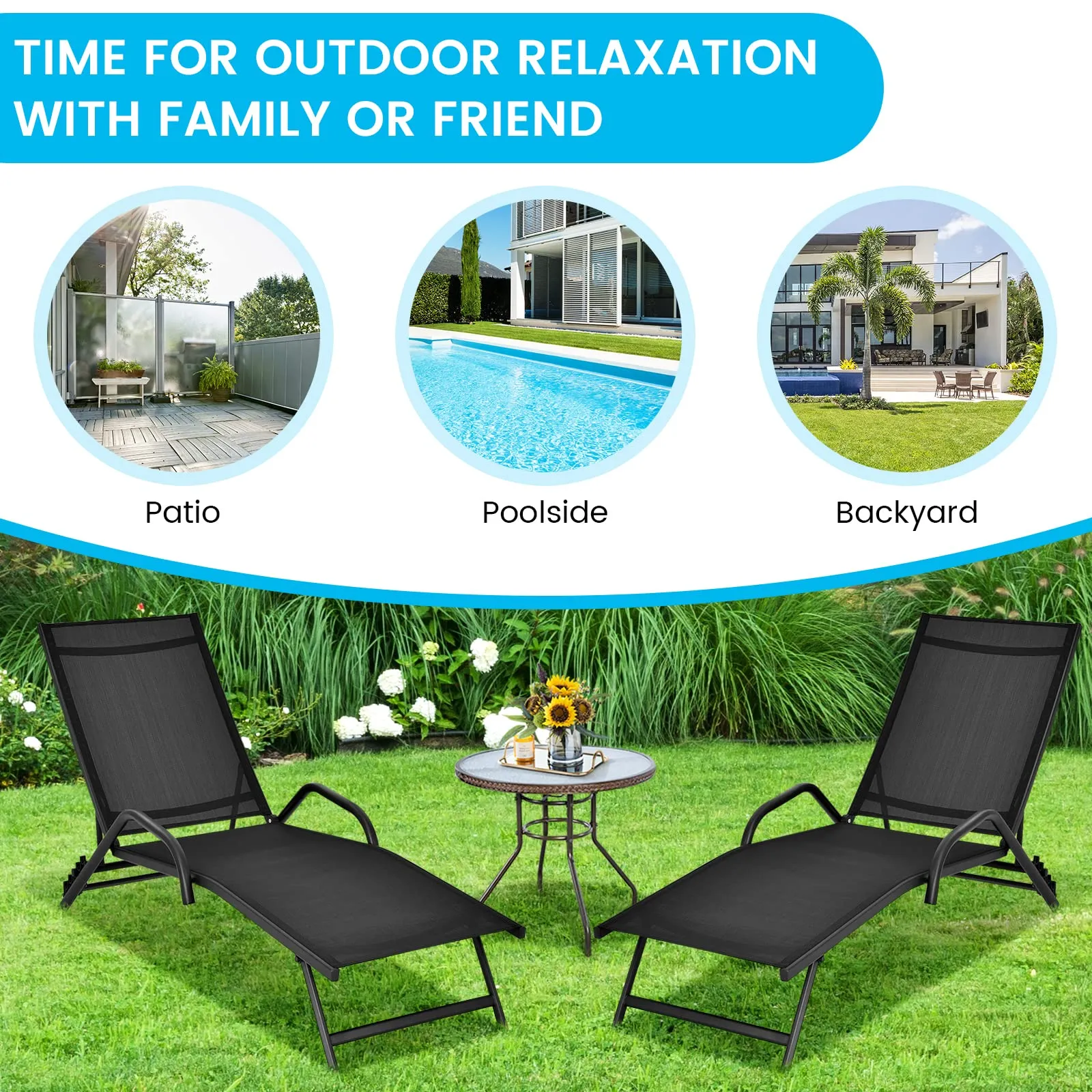 Tangkula Outdoor Patio Chaise Lounge Chairs, Reclining Lounge Chairs with 5-Position Adjustable Backrest & Breathable Fabric