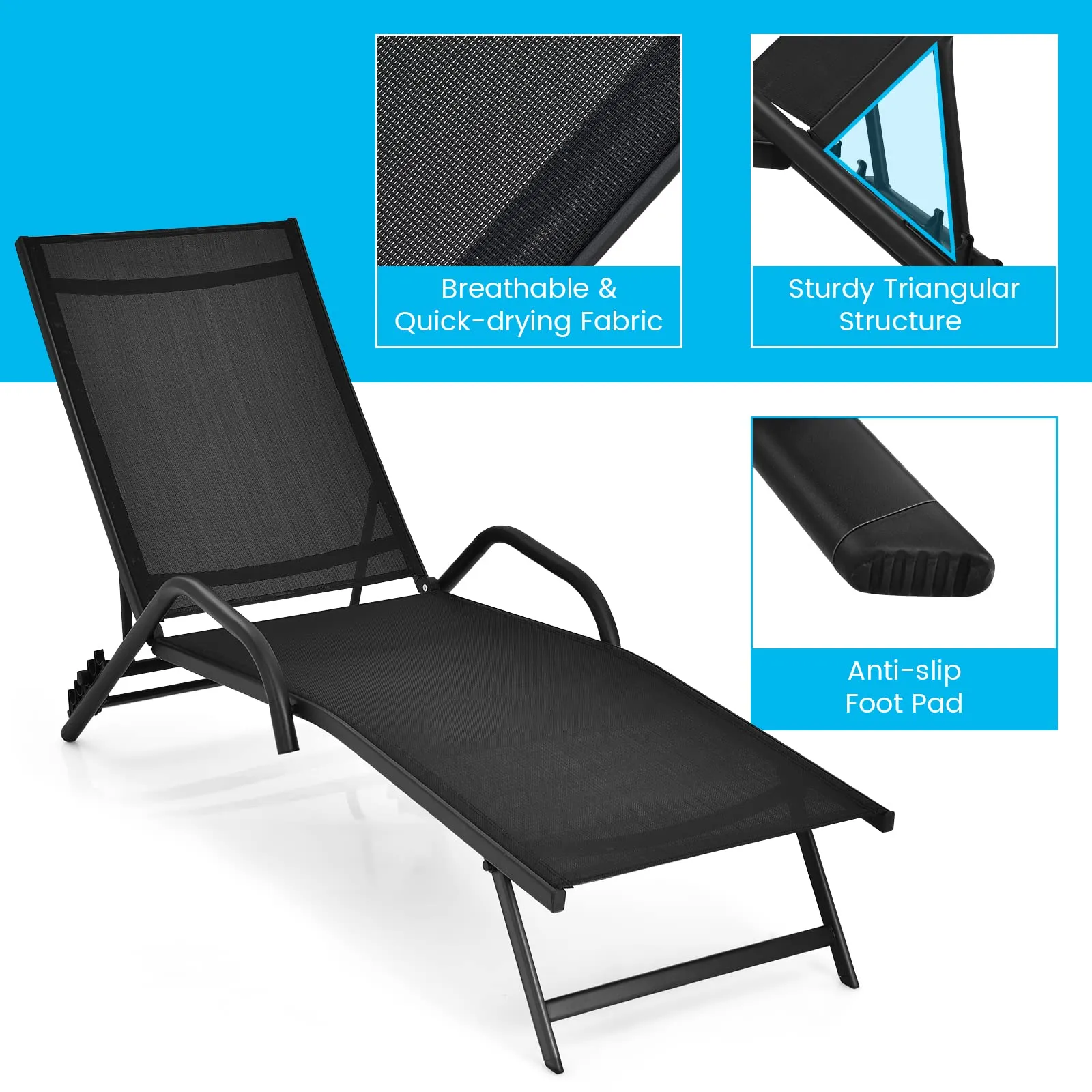 Tangkula Outdoor Patio Chaise Lounge Chairs, Reclining Lounge Chairs with 5-Position Adjustable Backrest & Breathable Fabric