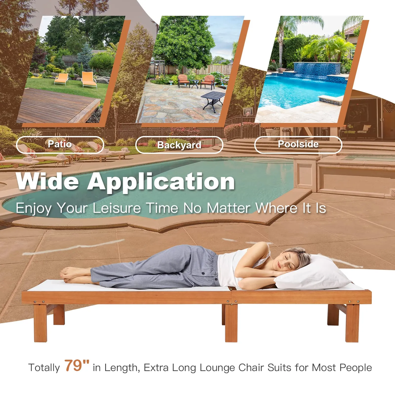 Tangkula Outdoor Wood Chaise Lounge Chair, Patio Chaise Lounger with 5-Postion Adjustable Back