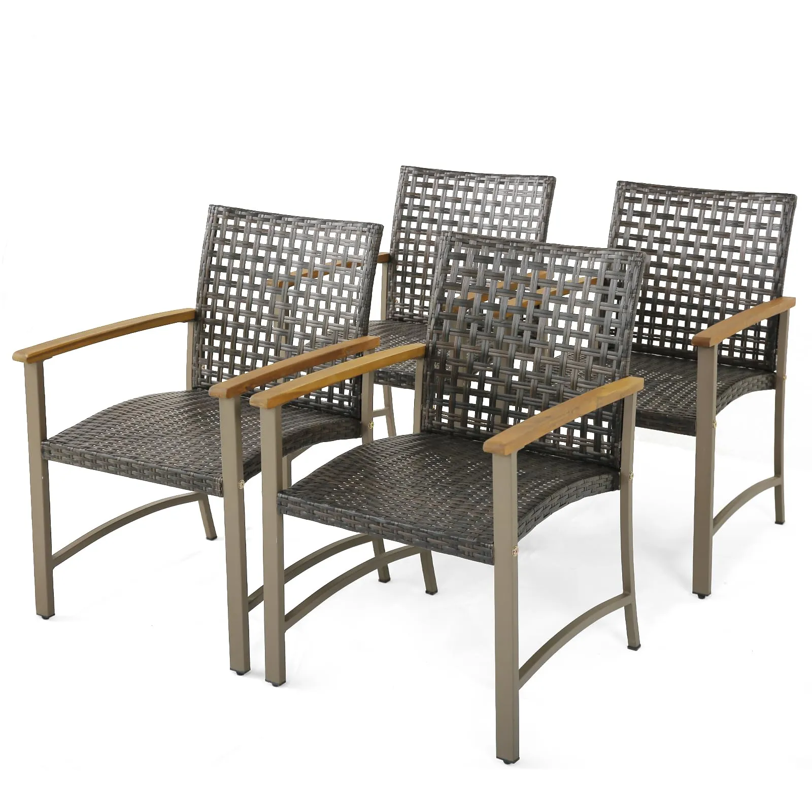 Tangkula Patio Dining Chairs Set of 4, Outdoor PE Wicker & Heavy-Duty Metal Chairs with Acacia Wood Armrests