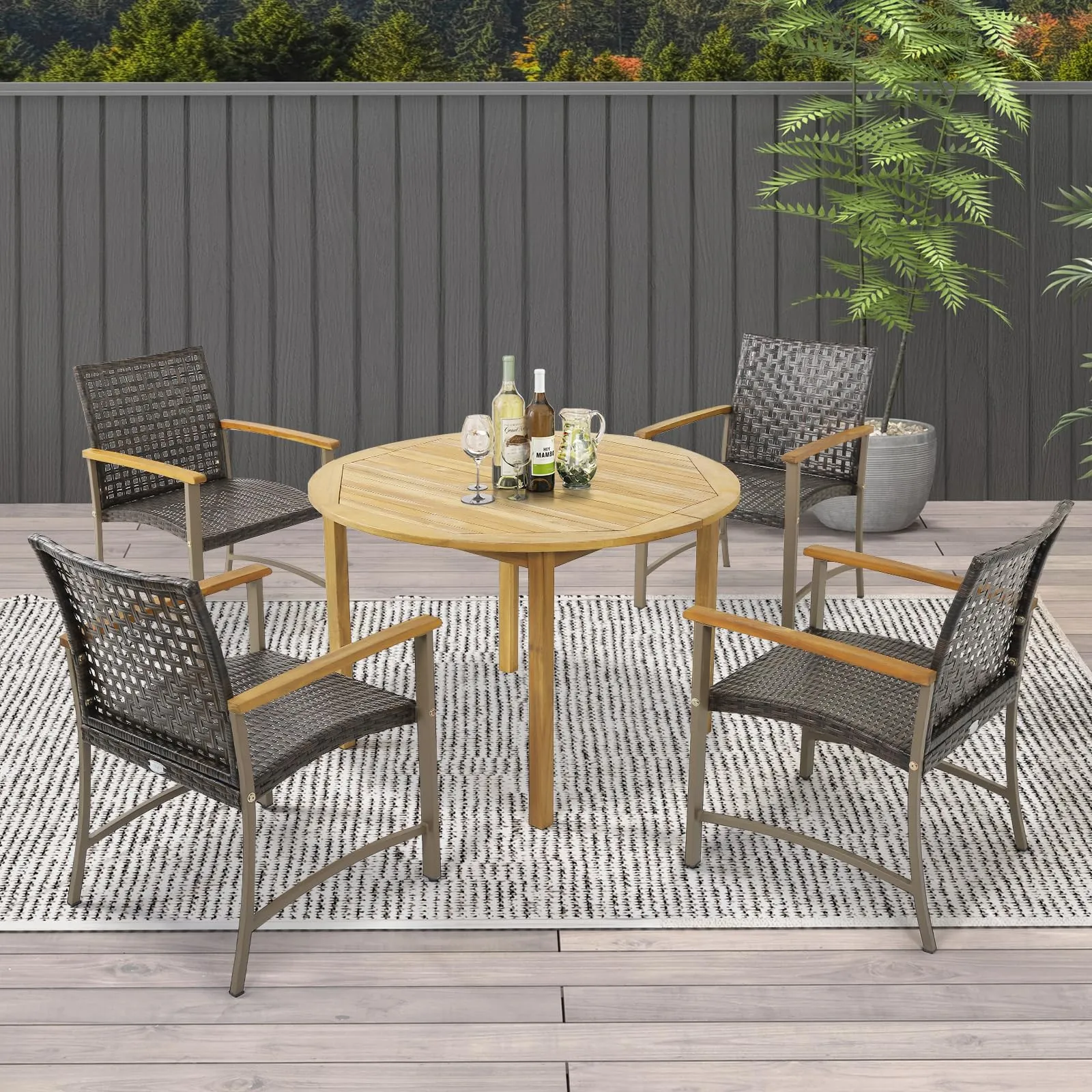 Tangkula Patio Dining Chairs Set of 4, Outdoor PE Wicker & Heavy-Duty Metal Chairs with Acacia Wood Armrests
