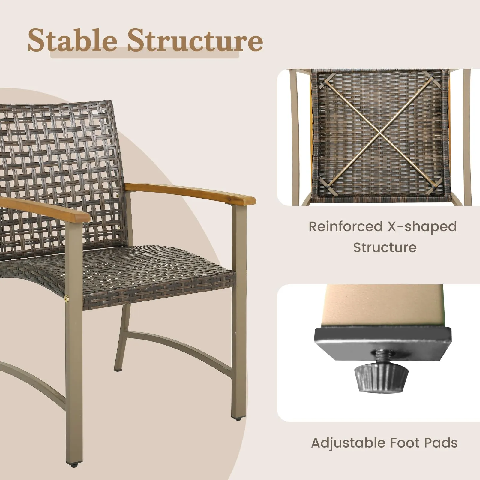 Tangkula Patio Dining Chairs Set of 4, Outdoor PE Wicker & Heavy-Duty Metal Chairs with Acacia Wood Armrests
