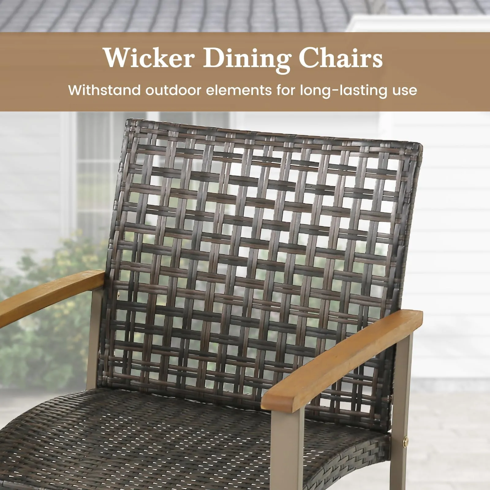 Tangkula Patio Dining Chairs Set of 4, Outdoor PE Wicker & Heavy-Duty Metal Chairs with Acacia Wood Armrests