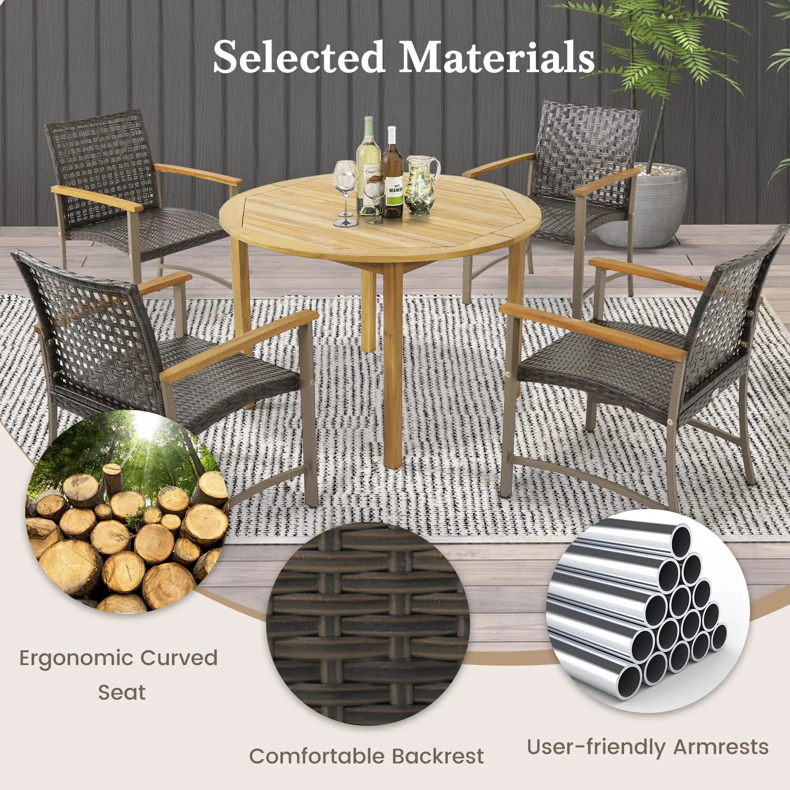Tangkula Patio Dining Chairs Set of 4, Outdoor PE Wicker & Heavy-Duty Metal Chairs with Acacia Wood Armrests