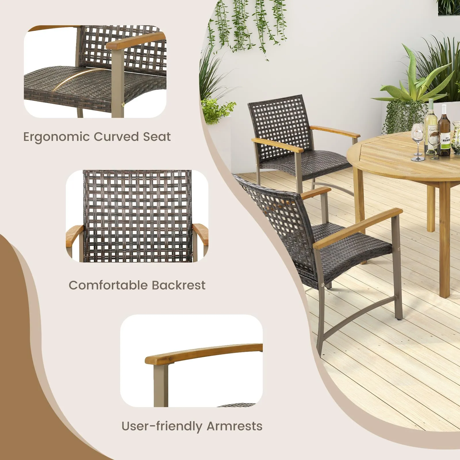 Tangkula Patio Dining Chairs Set of 4, Outdoor PE Wicker & Heavy-Duty Metal Chairs with Acacia Wood Armrests