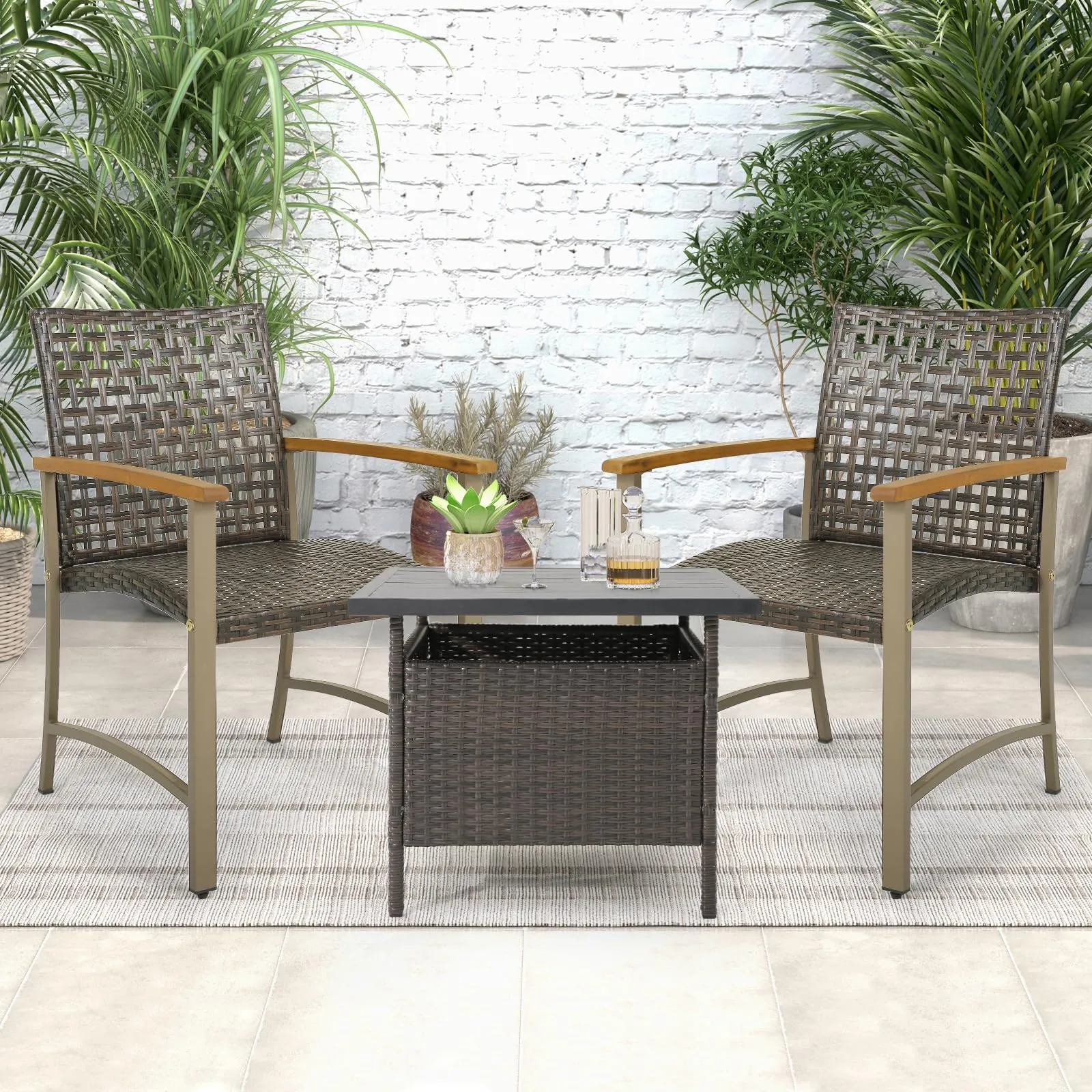 Tangkula Patio Dining Chairs Set of 4, Outdoor PE Wicker & Heavy-Duty Metal Chairs with Acacia Wood Armrests