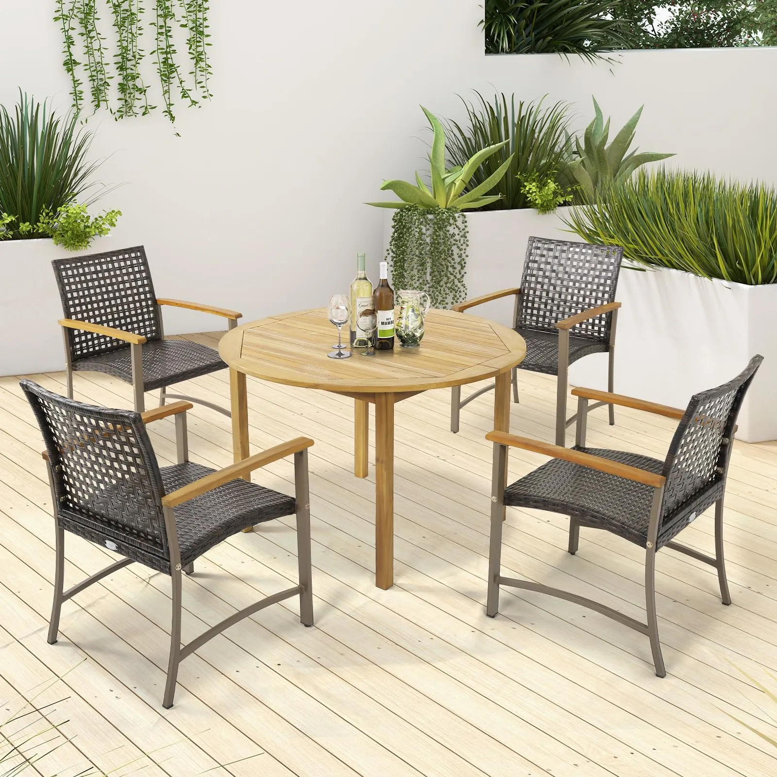 Tangkula Patio Dining Chairs Set of 4, Outdoor PE Wicker & Heavy-Duty Metal Chairs with Acacia Wood Armrests