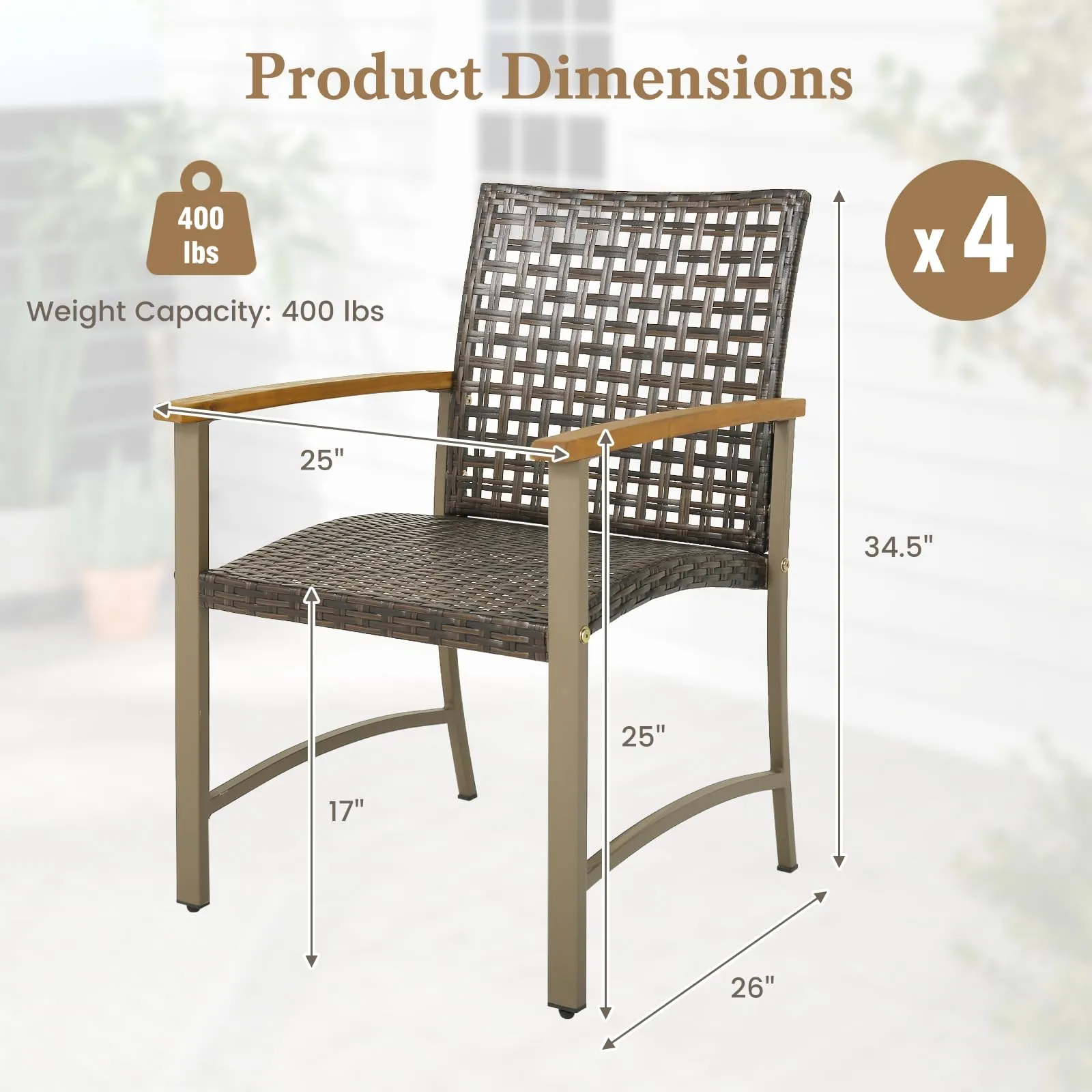 Tangkula Patio Dining Chairs Set of 4, Outdoor PE Wicker & Heavy-Duty Metal Chairs with Acacia Wood Armrests