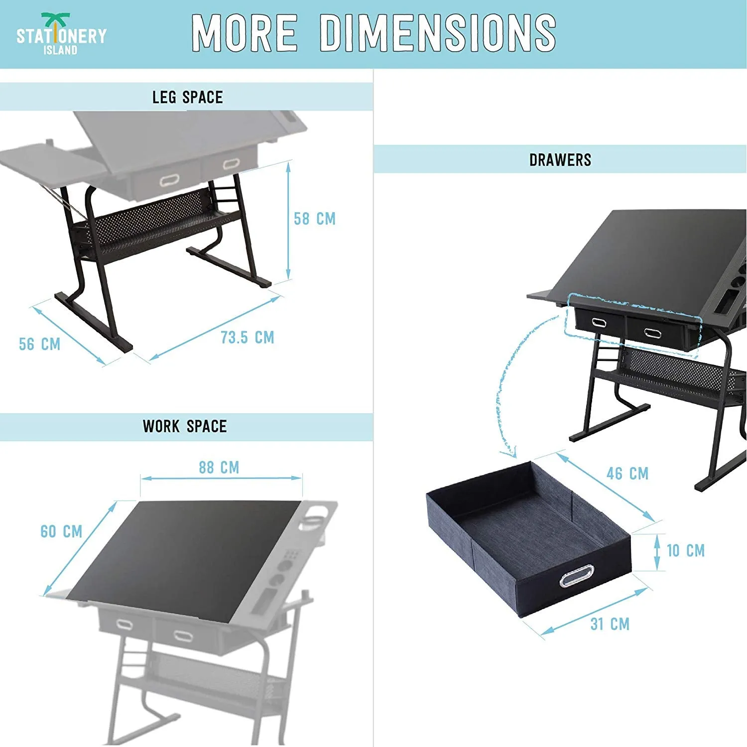 Tiree Drafting Table - Art & Crafts Desk with Storage, Stool & Clips