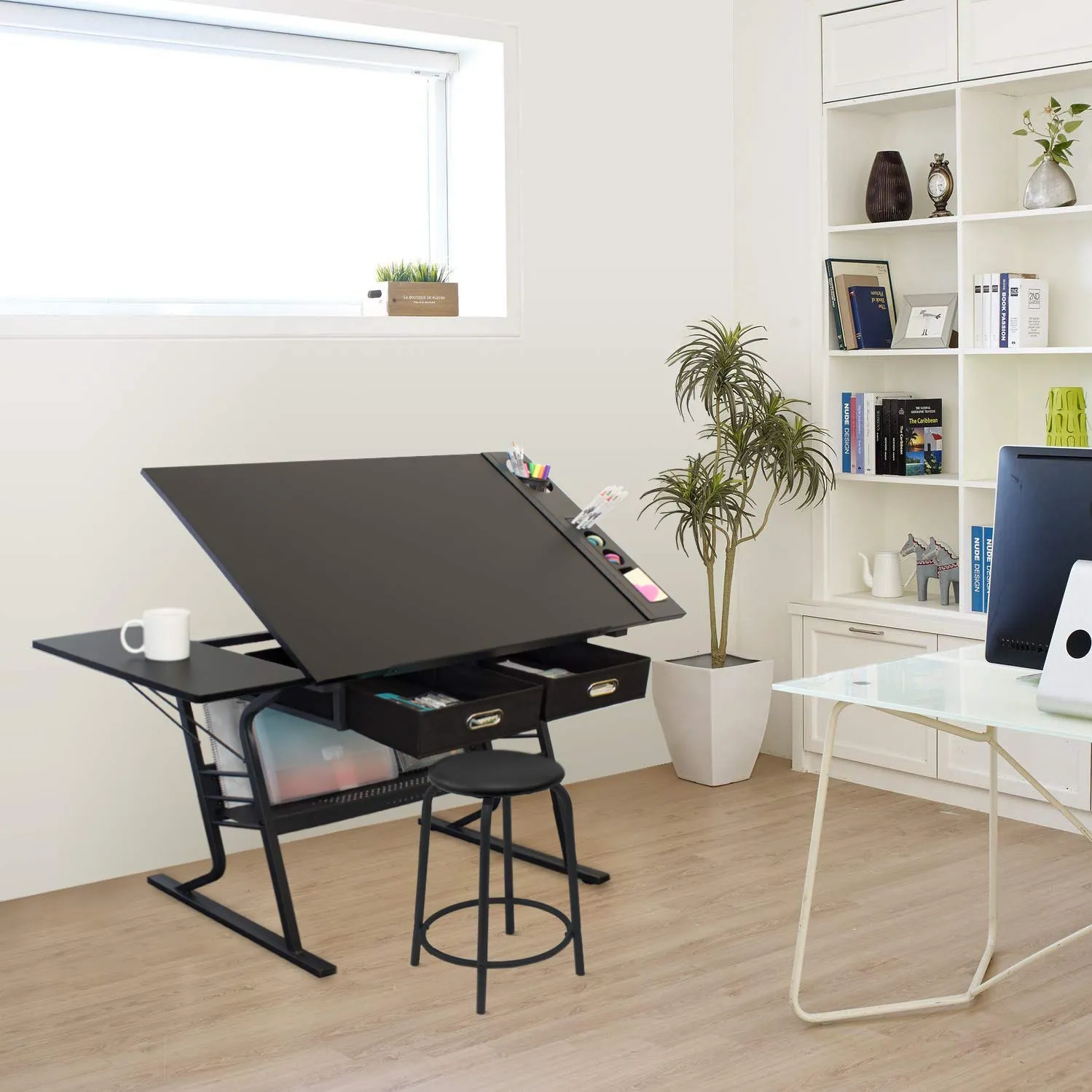 Tiree Drafting Table - Art & Crafts Desk with Storage, Stool & Clips
